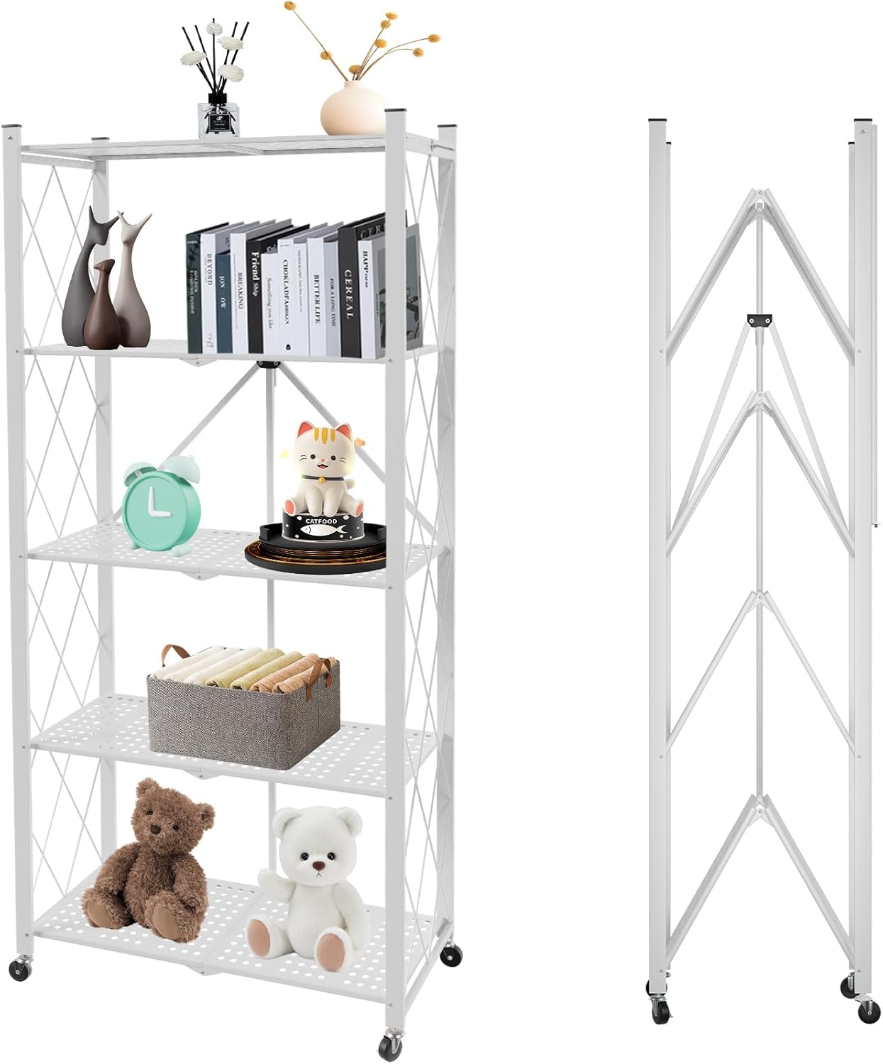 5 - Tier Foldable Storage Shelf with Wheels for Kitchen, Garage, Pantry or Basement (White) - Furniture > Dining > Kitchen & Dining Trolleys - Rivercity House & Home Co. (ABN 18 642 972 209) - Affordable Modern Furniture Australia
