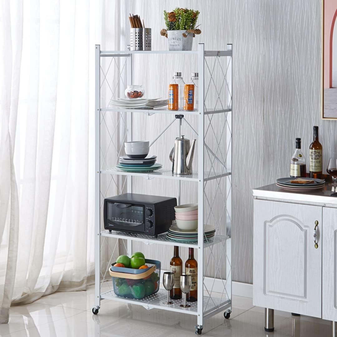 5 - Tier Foldable Storage Shelf with Wheels for Kitchen, Garage, Pantry or Basement (White) - Furniture > Dining > Kitchen & Dining Trolleys - Rivercity House & Home Co. (ABN 18 642 972 209) - Affordable Modern Furniture Australia