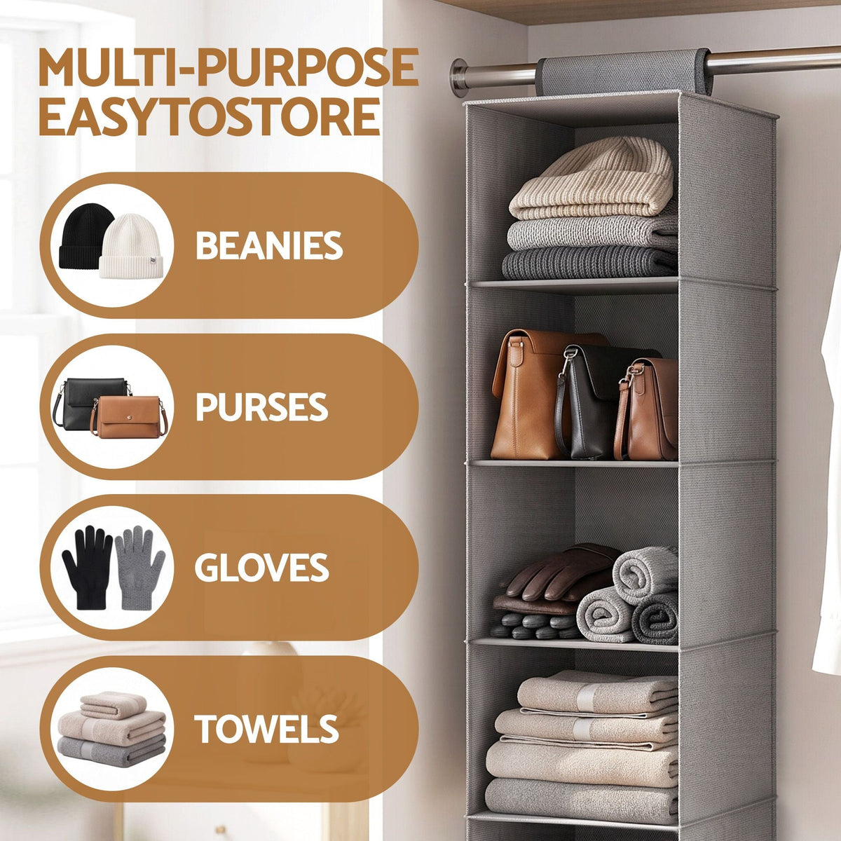 5 Tier Hanging Closet Organiser Wardrobe Storage 104cm - Grey - Home & Garden > Storage > Clothing & Wardrobe Storage - Rivercity House & Home Co. (ABN 18 642 972 209) - Affordable Modern Furniture Australia
