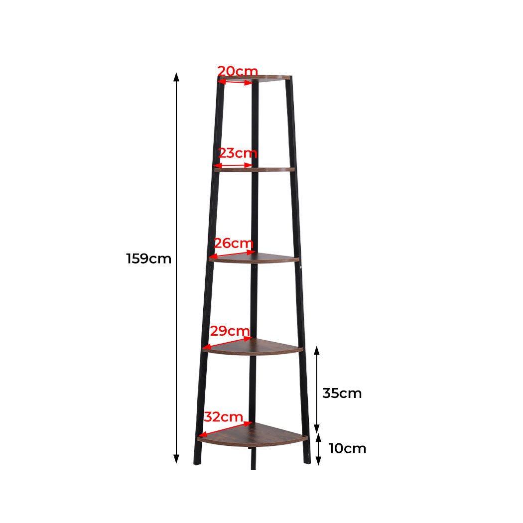 5 Tier Industrial Corner Shelf Ladder Bookcase - Brown - Rivercity House & Home Co. (ABN 18 642 972 209) - Affordable Modern Furniture Australia