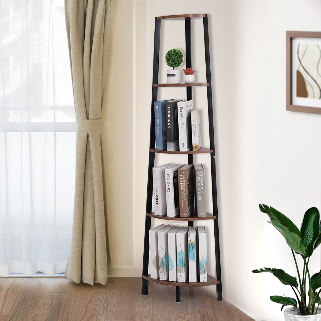 5 Tier Industrial Corner Shelf Ladder Bookcase - Brown - Rivercity House & Home Co. (ABN 18 642 972 209) - Affordable Modern Furniture Australia
