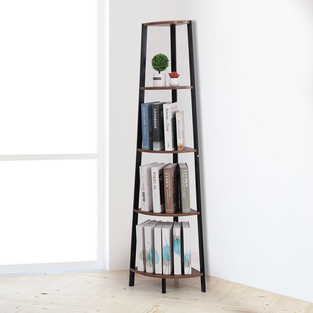 5 Tier Industrial Corner Shelf Ladder Bookcase - Brown - Rivercity House & Home Co. (ABN 18 642 972 209) - Affordable Modern Furniture Australia