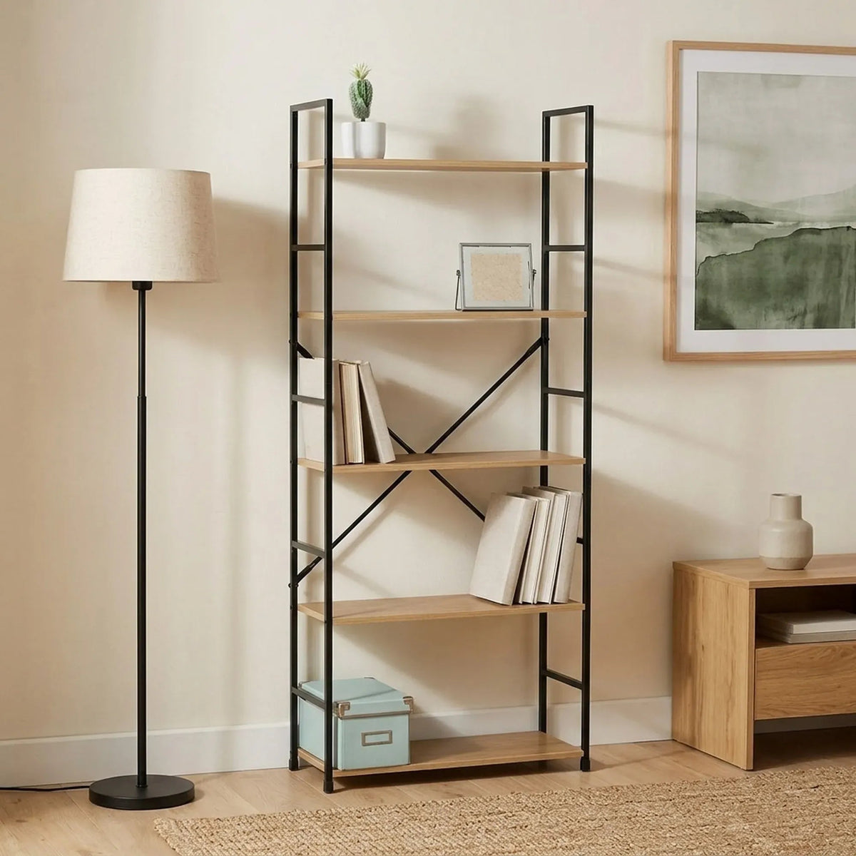 5 Tier Industrial Steel and MDF Bookshelf with X-Brace Crossbar - Brown Rustic - Furniture > Living Room > Bookcases & Shelves - Rivercity House & Home Co. (ABN 18 642 972 209) - Affordable Modern Furniture Australia