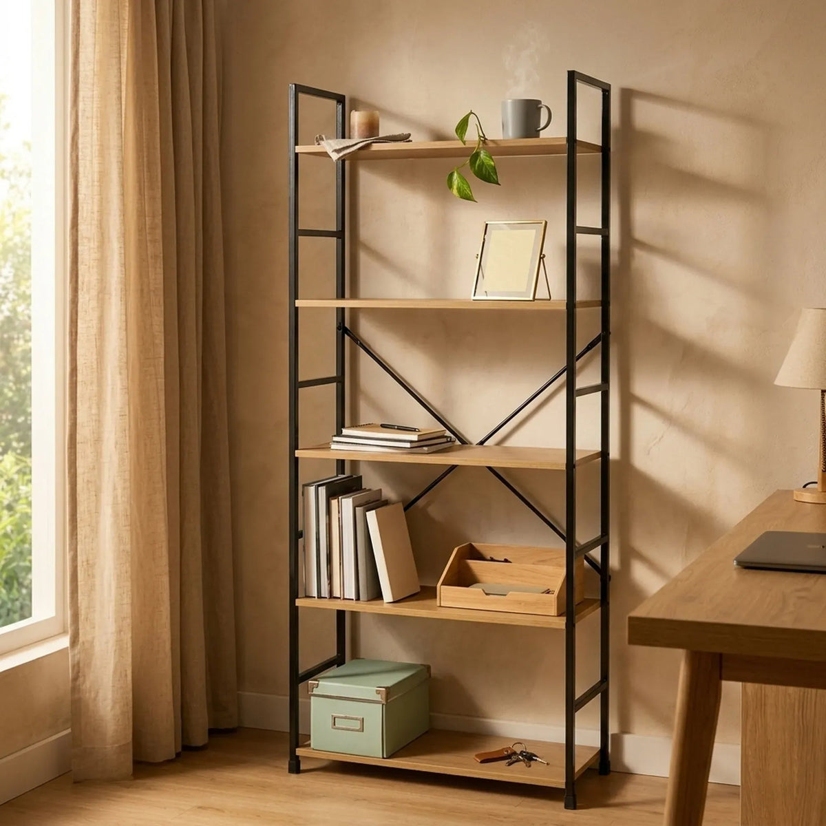 5 Tier Industrial Steel and MDF Bookshelf with X-Brace Crossbar - Brown Rustic - Furniture > Living Room > Bookcases & Shelves - Rivercity House & Home Co. (ABN 18 642 972 209) - Affordable Modern Furniture Australia