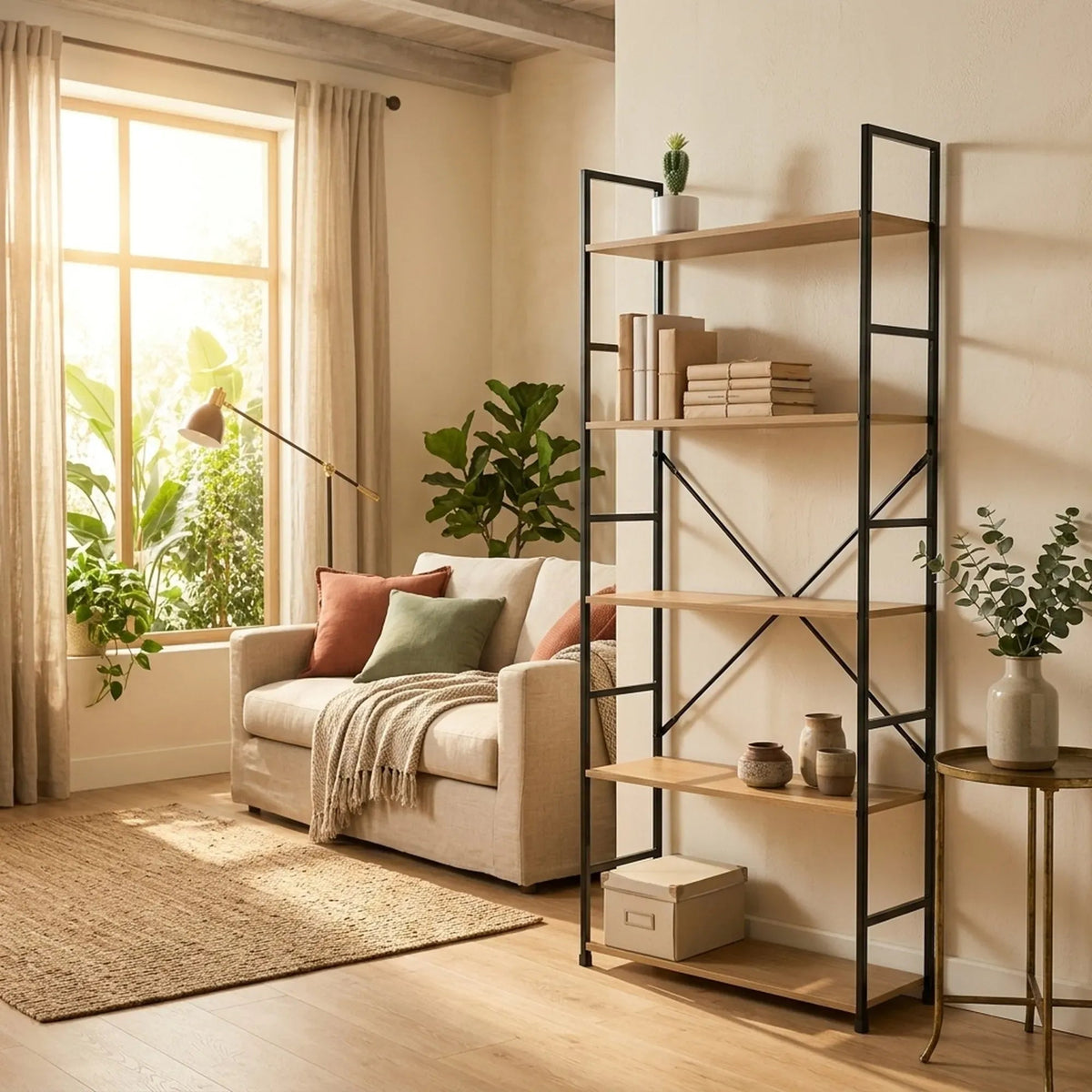 5 Tier Industrial Steel and MDF Bookshelf with X-Brace Crossbar - Brown Rustic - Furniture > Living Room > Bookcases & Shelves - Rivercity House & Home Co. (ABN 18 642 972 209) - Affordable Modern Furniture Australia