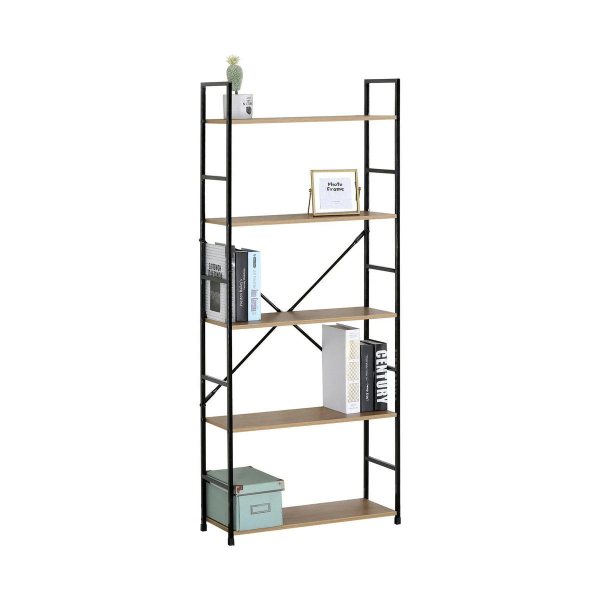 5 Tier Industrial Steel and MDF Bookshelf with X-Brace Crossbar - Brown Rustic - Furniture > Living Room > Bookcases & Shelves - Rivercity House & Home Co. (ABN 18 642 972 209) - Affordable Modern Furniture Australia