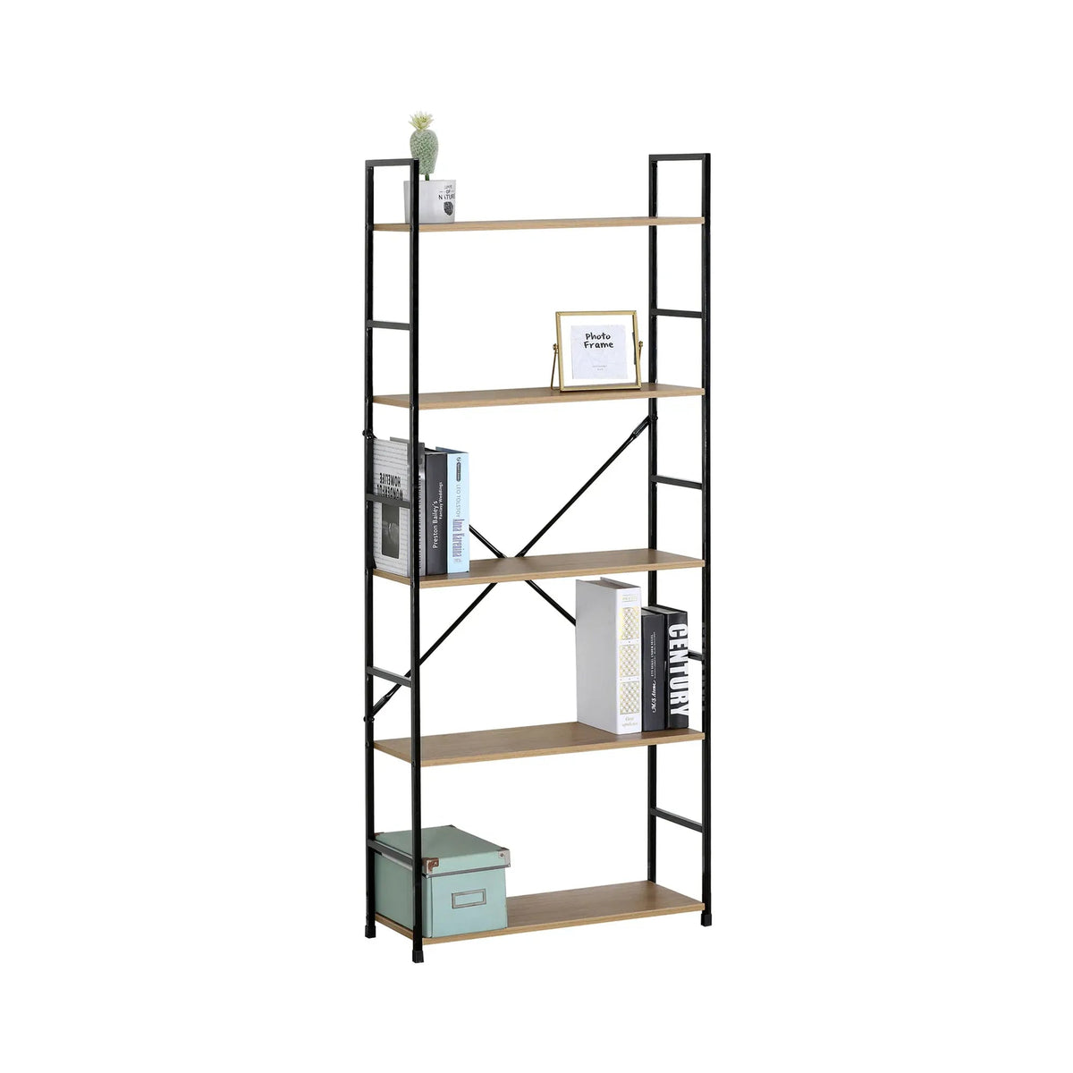 5 Tier Industrial Steel and MDF Bookshelf with X-Brace Crossbar - Brown Rustic - Furniture > Living Room > Bookcases & Shelves - Rivercity House & Home Co. (ABN 18 642 972 209) - Affordable Modern Furniture Australia