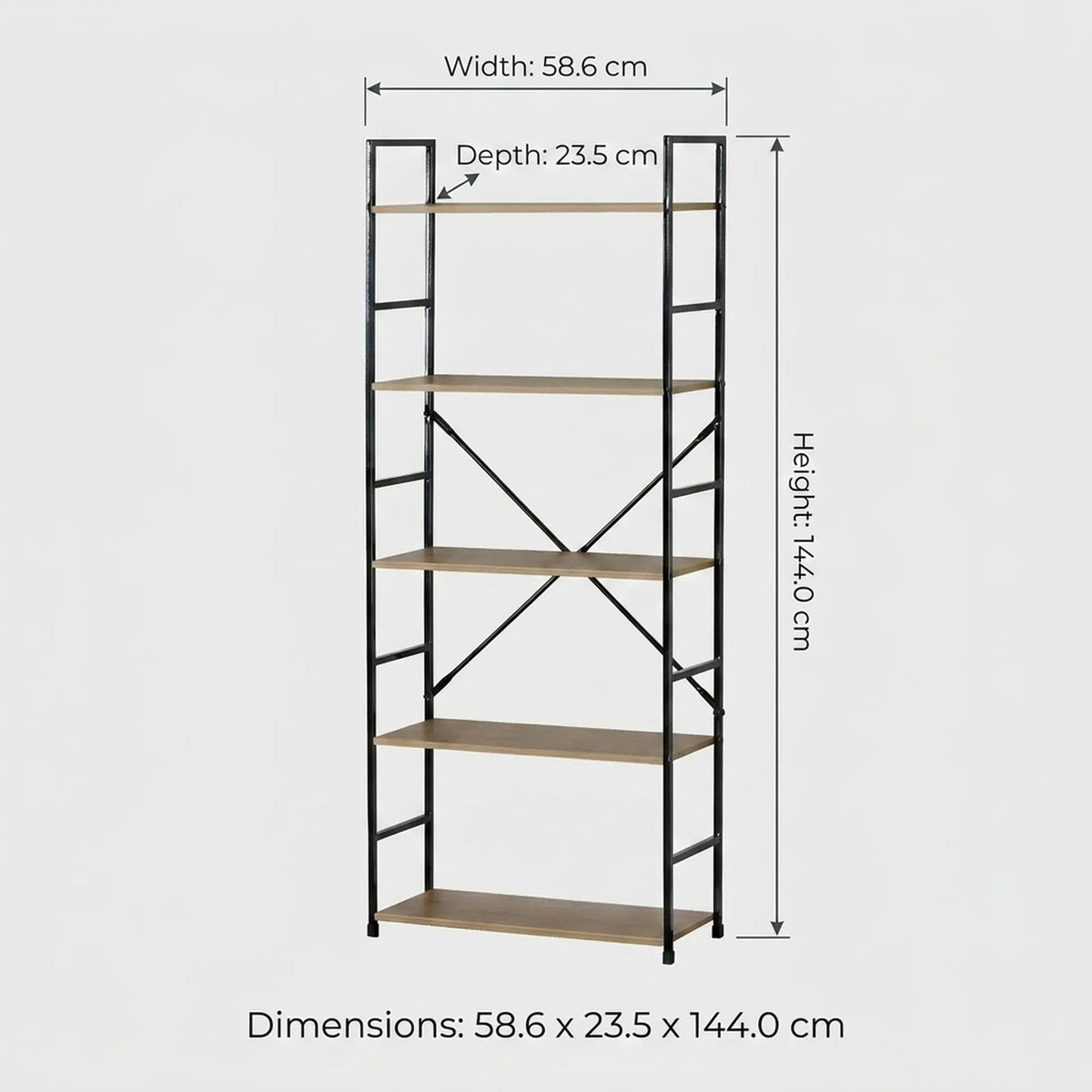 5 Tier Industrial Steel and MDF Bookshelf with X-Brace Crossbar - Brown Rustic - Furniture > Living Room > Bookcases & Shelves - Rivercity House & Home Co. (ABN 18 642 972 209) - Affordable Modern Furniture Australia