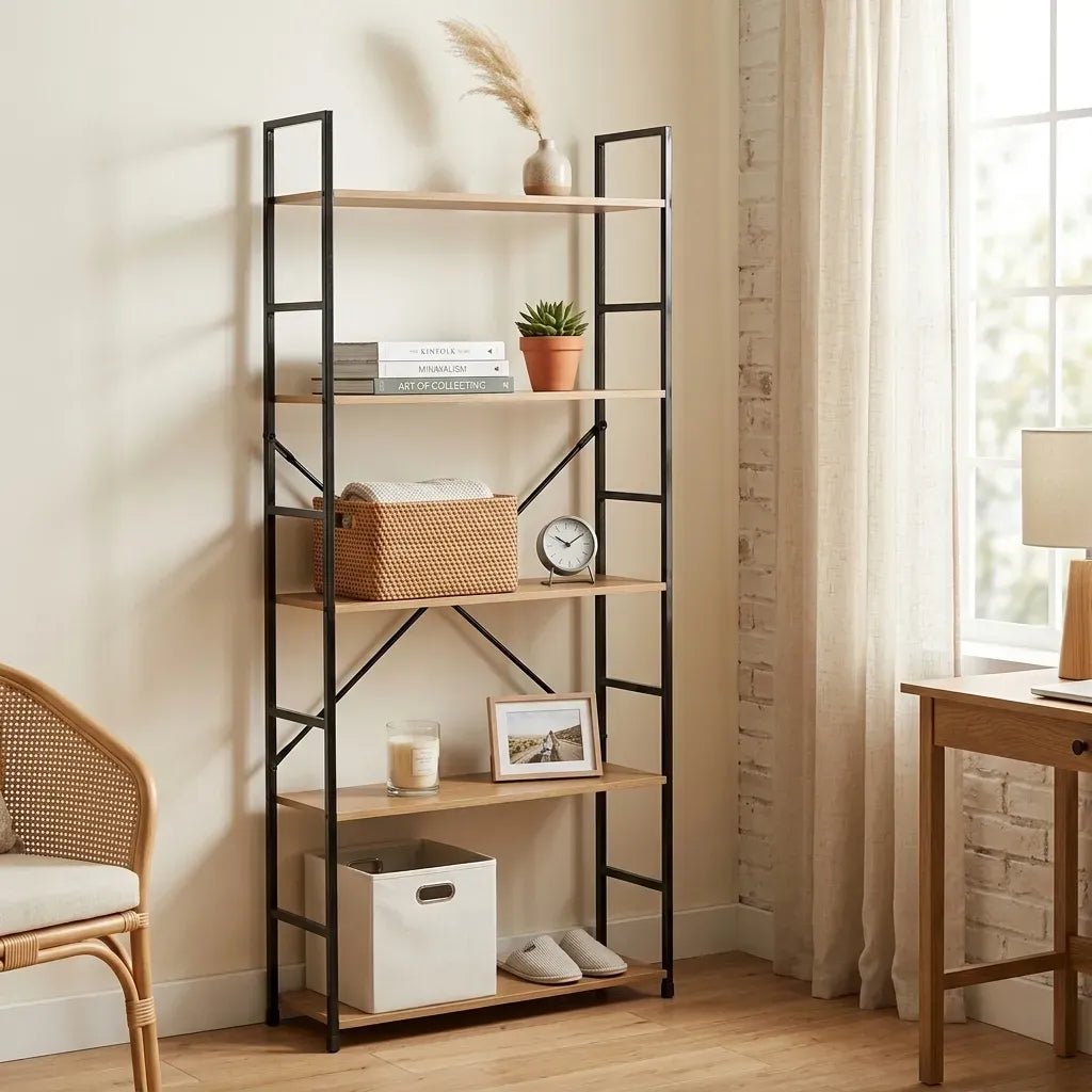 5 Tier Industrial Steel and MDF Bookshelf with X-Brace Crossbar - Brown Rustic - Furniture > Living Room > Bookcases & Shelves - Rivercity House & Home Co. (ABN 18 642 972 209) - Affordable Modern Furniture Australia