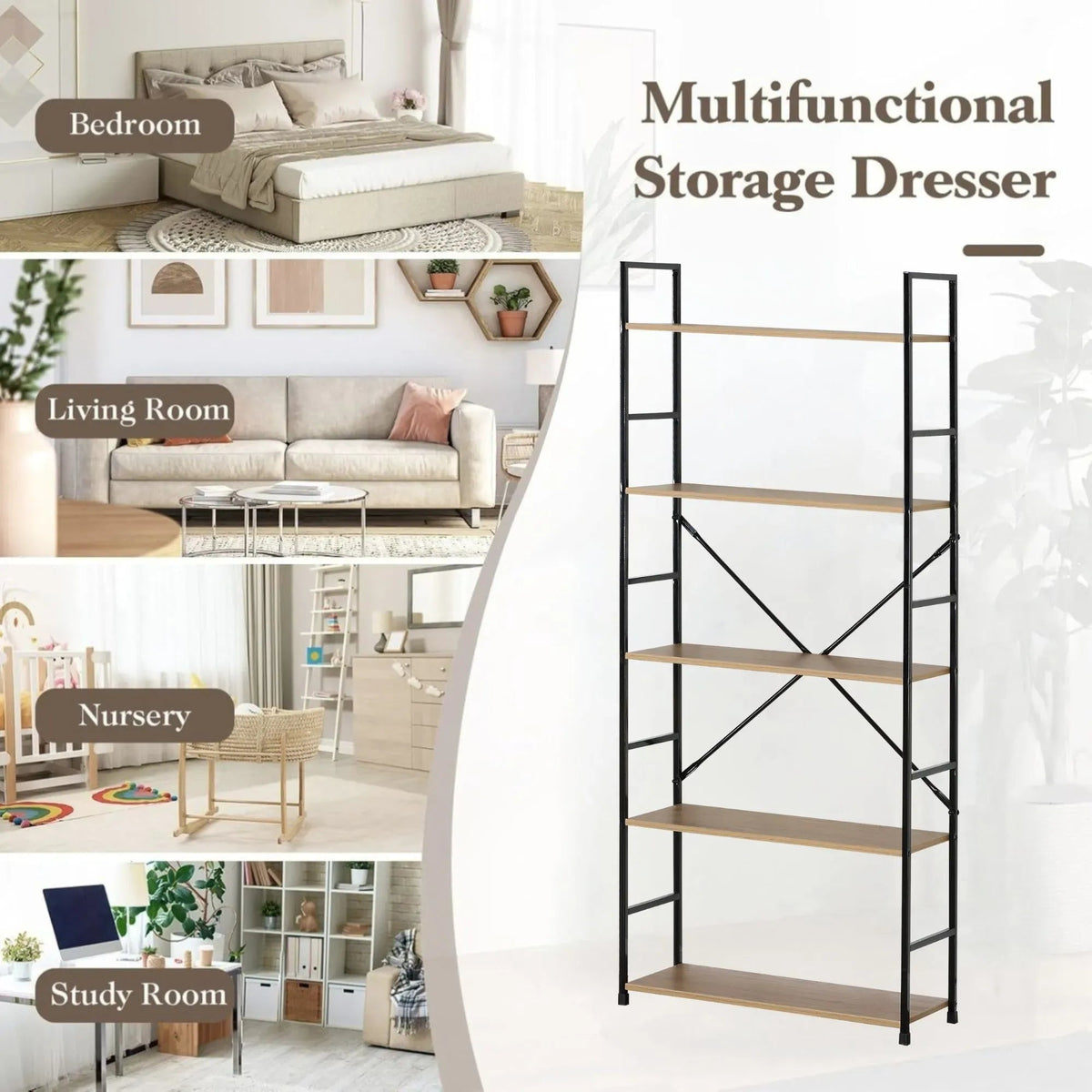 5 Tier Industrial Steel and MDF Bookshelf with X-Brace Crossbar - Brown Rustic - Furniture > Living Room > Bookcases & Shelves - Rivercity House & Home Co. (ABN 18 642 972 209) - Affordable Modern Furniture Australia