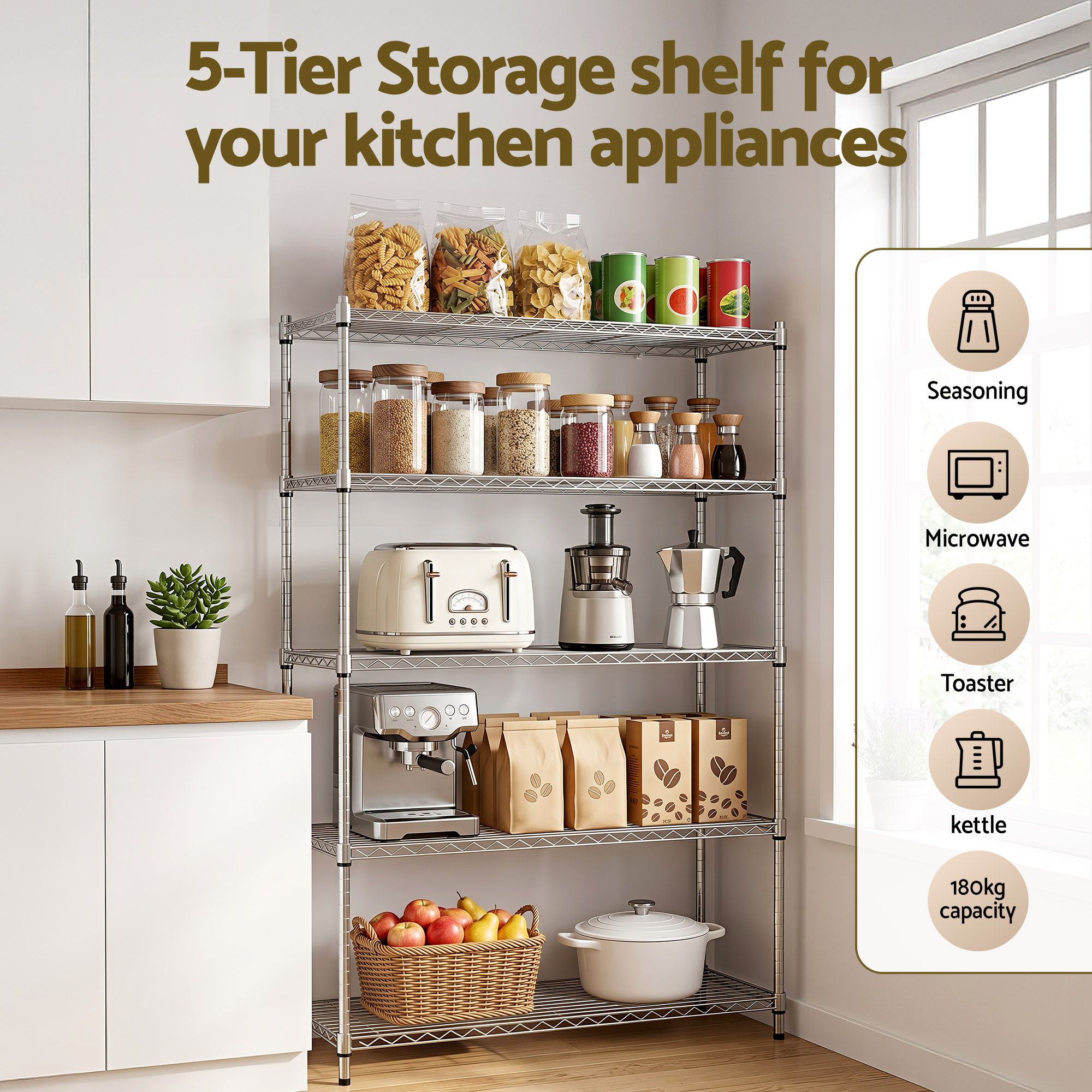 5 - Tier Kitchen Rack Shelf Shelving 120x45x179CM Adjustable Metal Storage Shelves - Home & Garden > Kitchenware > Kitchen Utensils - Rivercity House & Home Co. (ABN 18 642 972 209) - Affordable Modern Furniture Australia