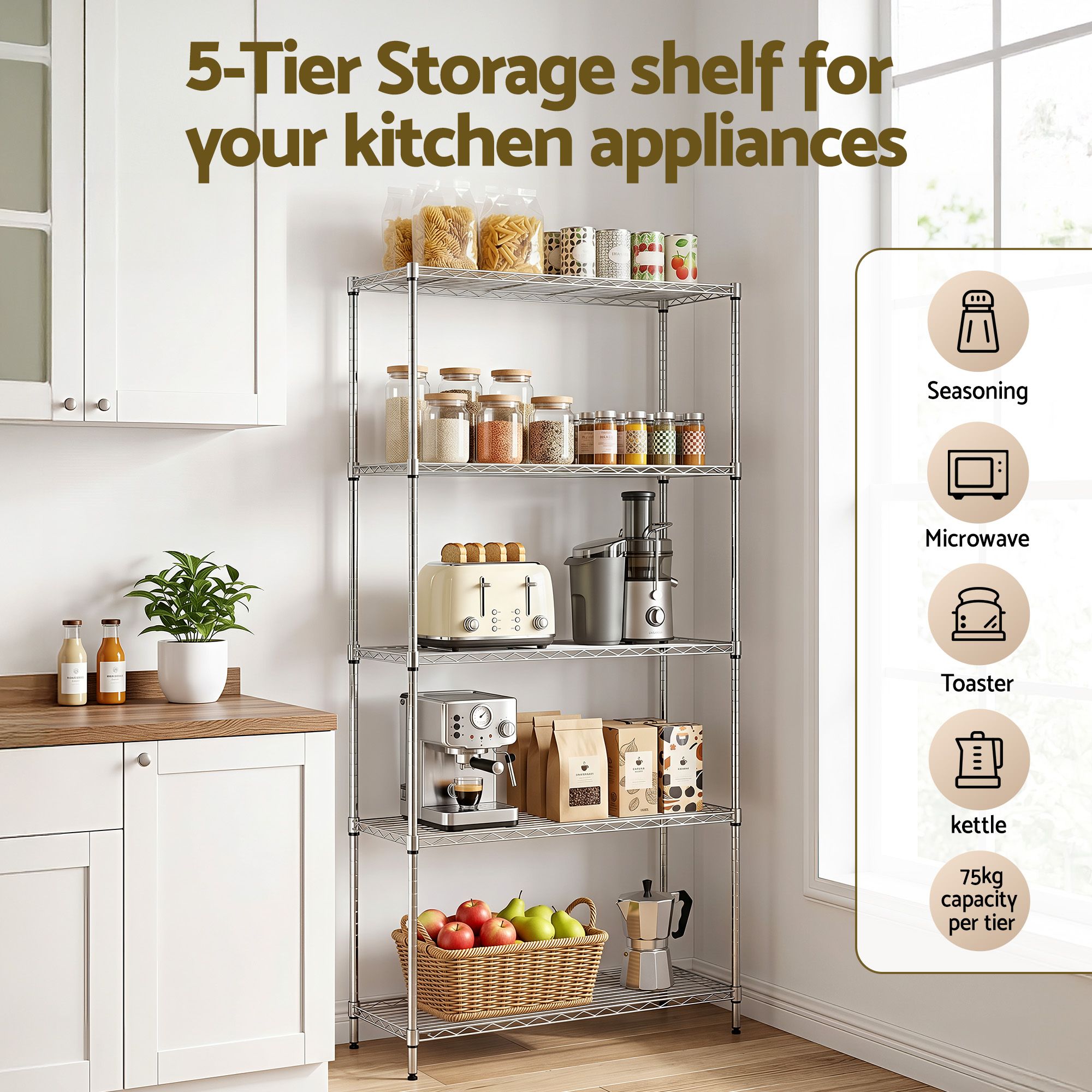 5 - Tier Kitchen Rack Shelf Shelving 90x35x182CM Adjustable Metal Storage Shelves - Home & Garden > Kitchenware > Kitchen Utensils - Rivercity House & Home Co. (ABN 18 642 972 209) - Affordable Modern Furniture Australia