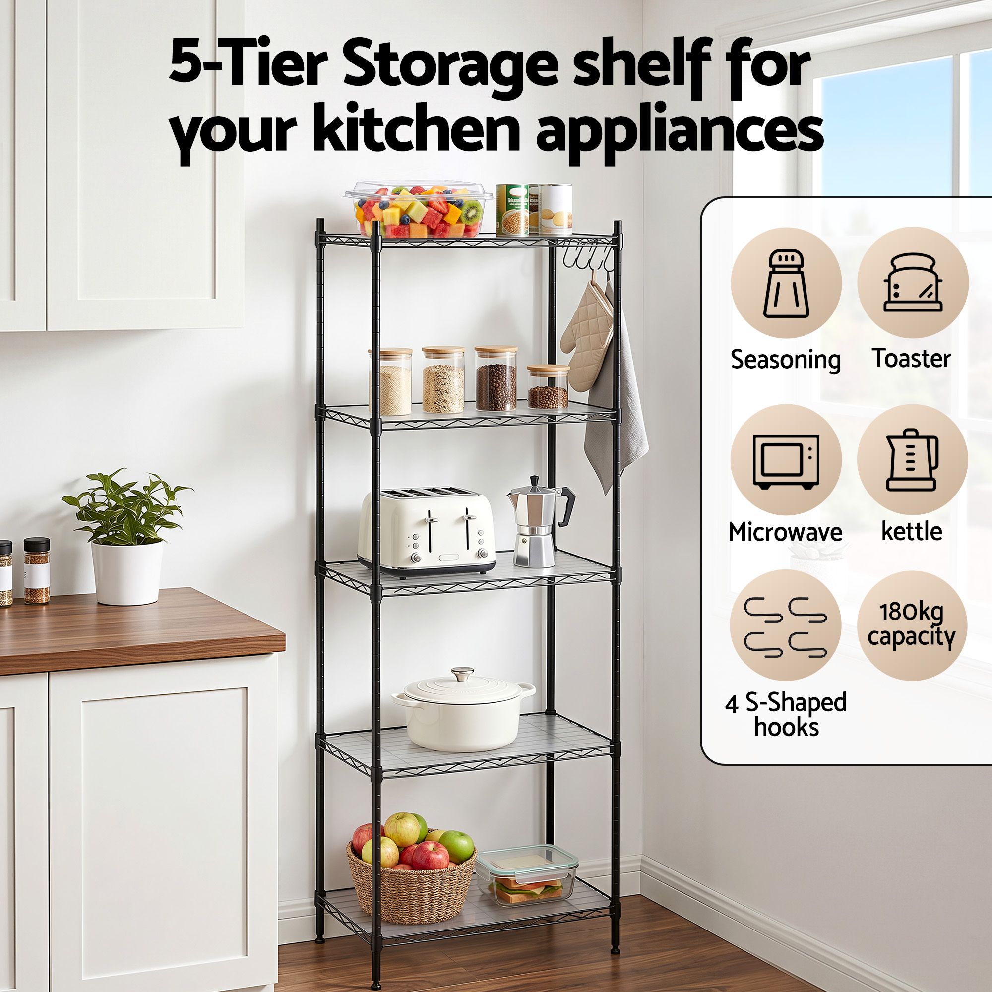 5 - Tier Kitchen Rack Shelf Shelving Unit 55x30x150CM Adjustable Metal Storage Shelves Black - Home & Garden > Kitchenware > Kitchen Utensils - Rivercity House & Home Co. (ABN 18 642 972 209) - Affordable Modern Furniture Australia