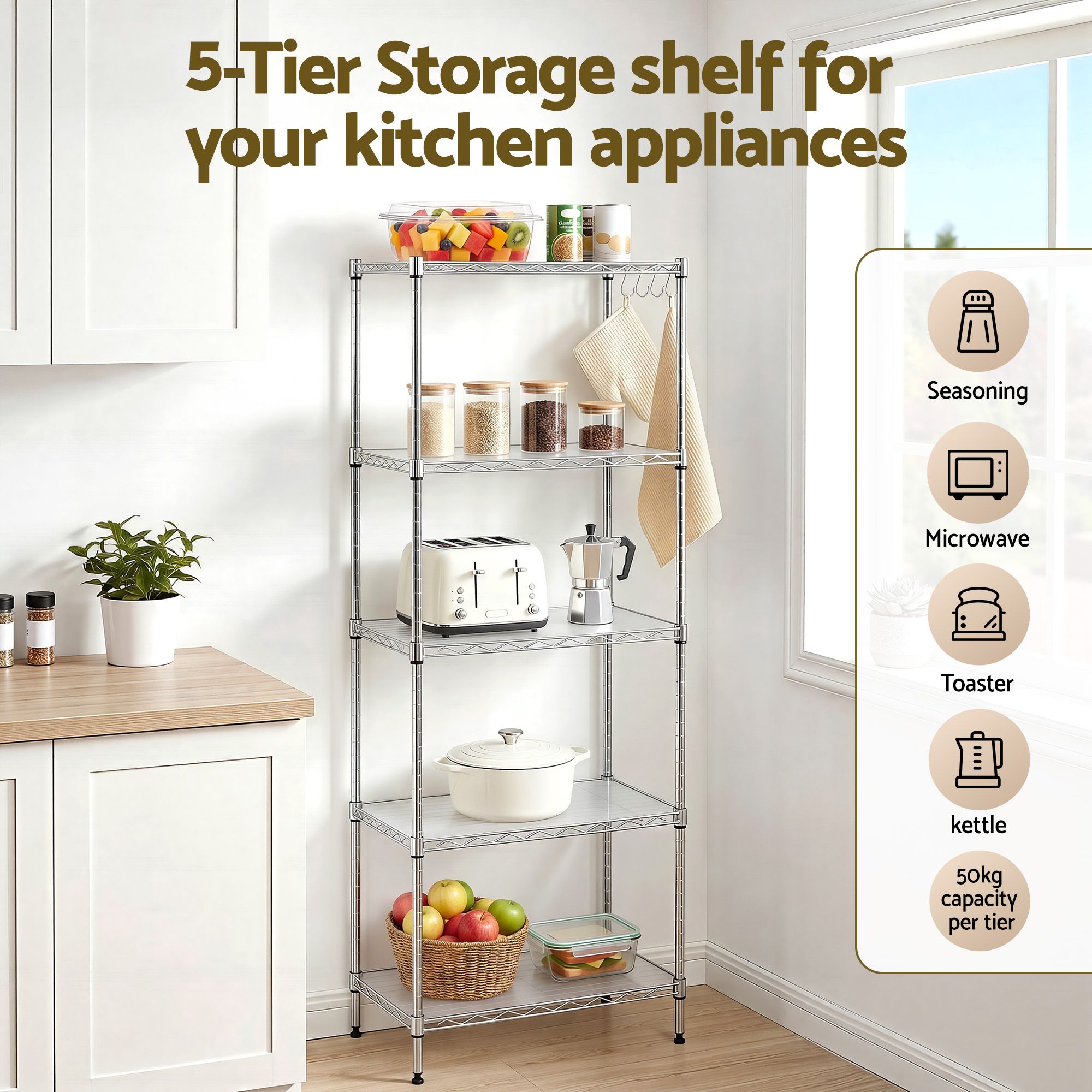 5 - Tier Kitchen Rack Shelf Shelving Unit 60x35x150CM Adjustable Metal Storage Shelves Silver - Home & Garden > Kitchenware > Kitchen Utensils - Rivercity House & Home Co. (ABN 18 642 972 209) - Affordable Modern Furniture Australia