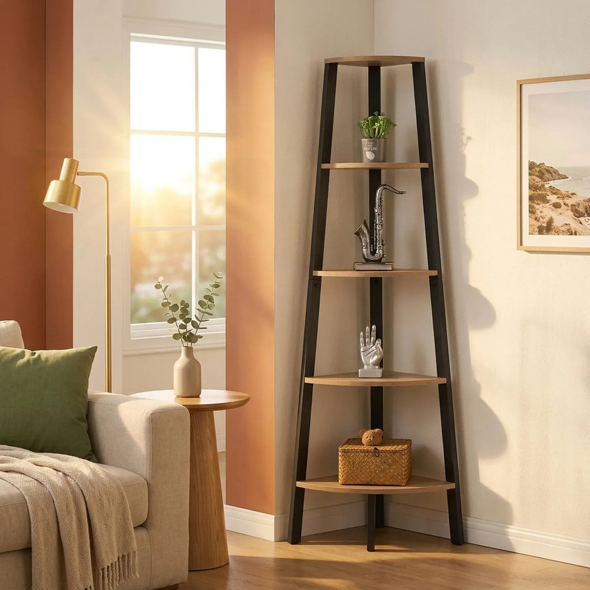 5 Tier Ladder Corner Shelf with Metal Frame - Brown Rustic - Furniture > Living Room > Bookcases & Shelves - Rivercity House & Home Co. (ABN 18 642 972 209) - Affordable Modern Furniture Australia