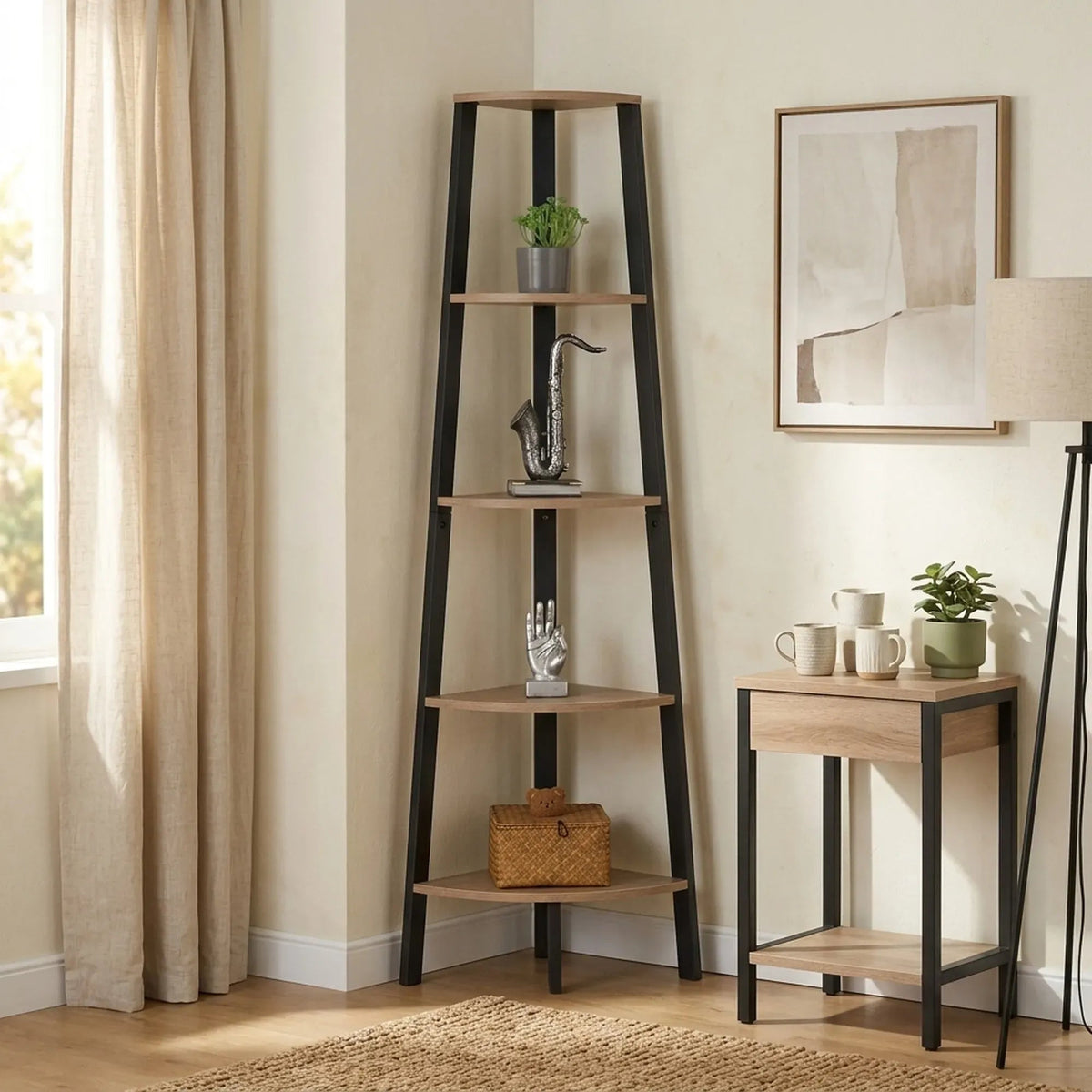5 Tier Ladder Corner Shelf with Metal Frame - Brown Rustic - Furniture > Living Room > Bookcases & Shelves - Rivercity House & Home Co. (ABN 18 642 972 209) - Affordable Modern Furniture Australia