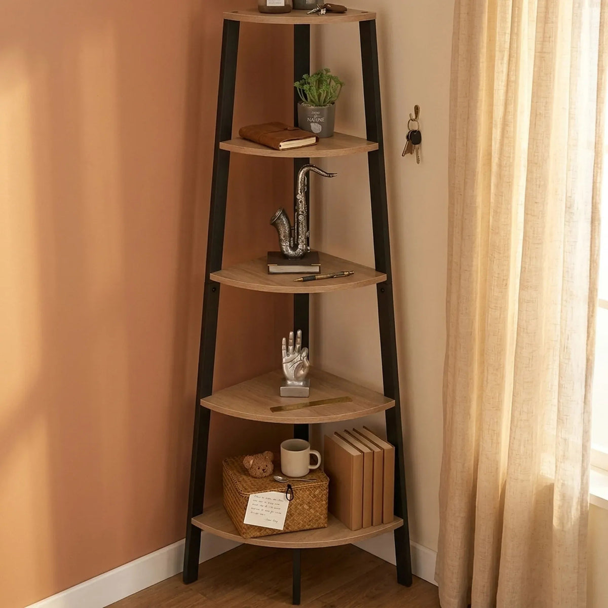 5 Tier Ladder Corner Shelf with Metal Frame - Brown Rustic - Furniture > Living Room > Bookcases & Shelves - Rivercity House & Home Co. (ABN 18 642 972 209) - Affordable Modern Furniture Australia