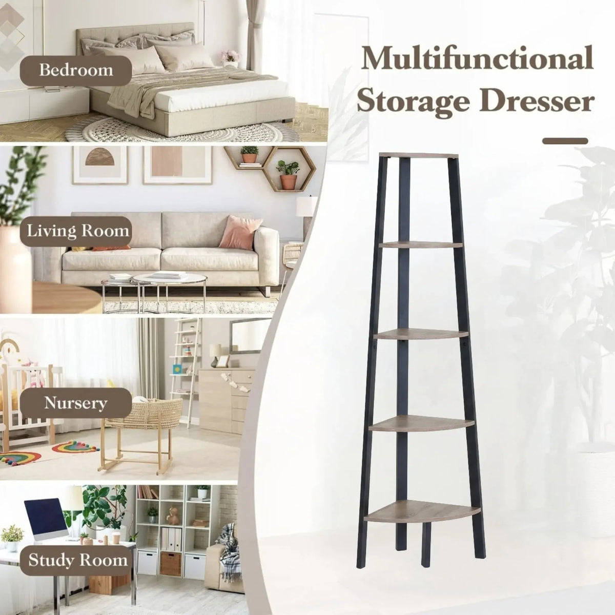5 Tier Ladder Corner Shelf with Metal Frame - Brown Rustic - Furniture > Living Room > Bookcases & Shelves - Rivercity House & Home Co. (ABN 18 642 972 209) - Affordable Modern Furniture Australia