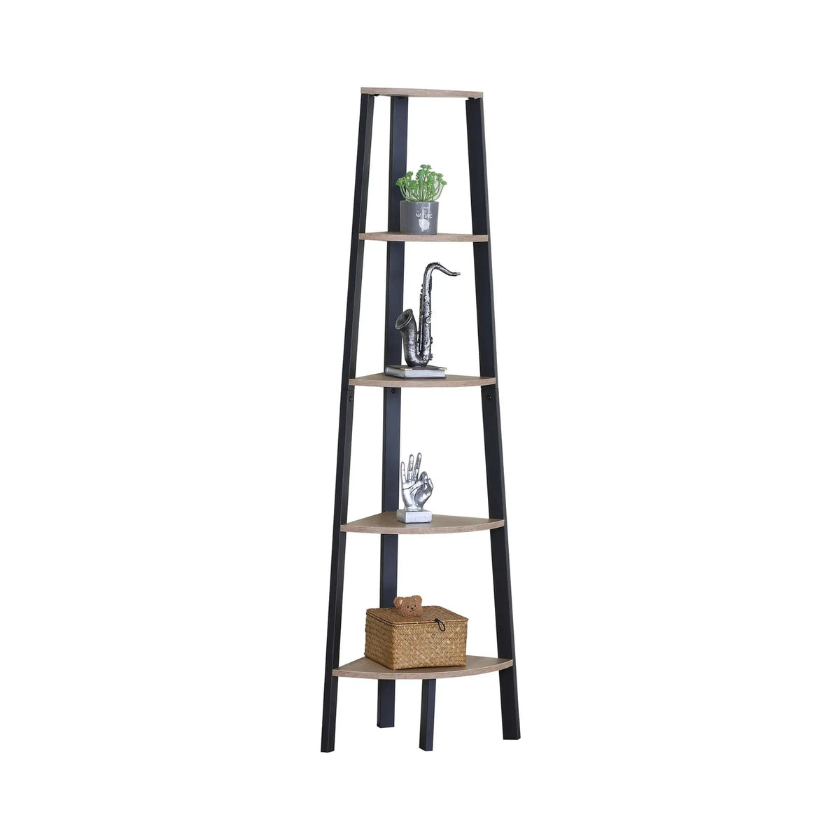 5 Tier Ladder Corner Shelf with Metal Frame - Brown Rustic - Furniture > Living Room > Bookcases & Shelves - Rivercity House & Home Co. (ABN 18 642 972 209) - Affordable Modern Furniture Australia
