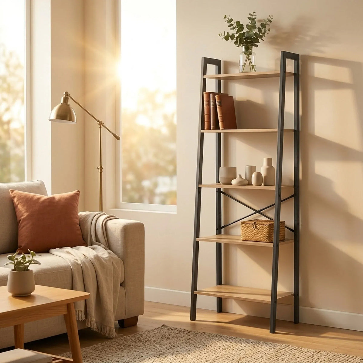5 Tier Ladder Shelf Wood and Steel Display Bookcase - Brown Rustic - Furniture > Living Room > Bookcases & Shelves - Rivercity House & Home Co. (ABN 18 642 972 209) - Affordable Modern Furniture Australia
