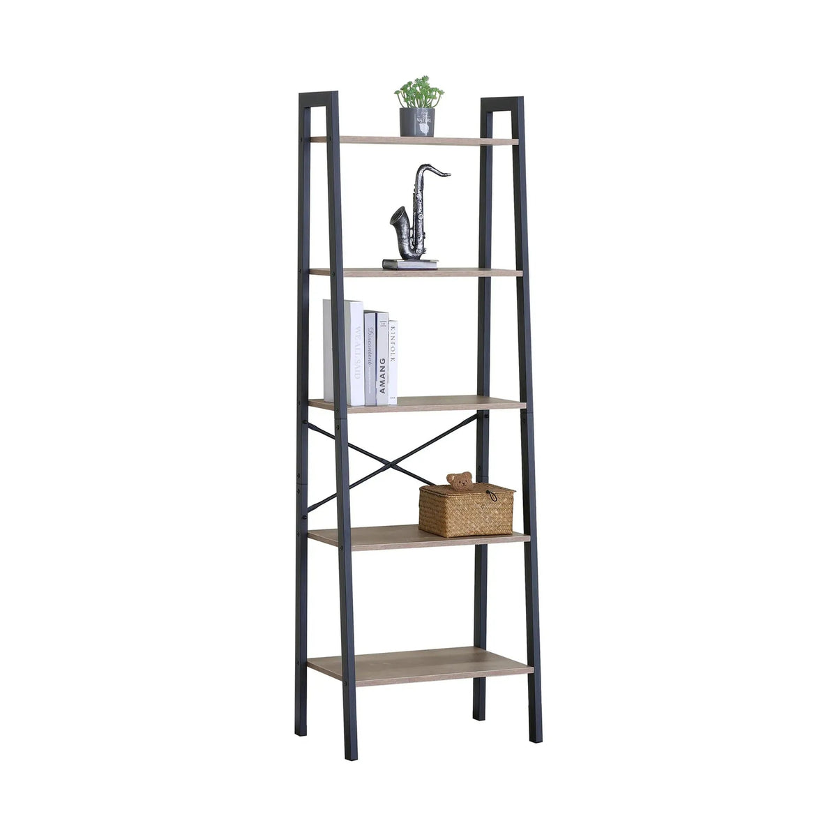 5 Tier Ladder Shelf Wood and Steel Display Bookcase - Brown Rustic - Furniture > Living Room > Bookcases & Shelves - Rivercity House & Home Co. (ABN 18 642 972 209) - Affordable Modern Furniture Australia