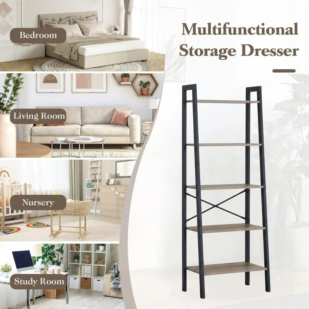 5 Tier Ladder Shelf Wood and Steel Display Bookcase - Brown Rustic - Furniture > Living Room > Bookcases & Shelves - Rivercity House & Home Co. (ABN 18 642 972 209) - Affordable Modern Furniture Australia
