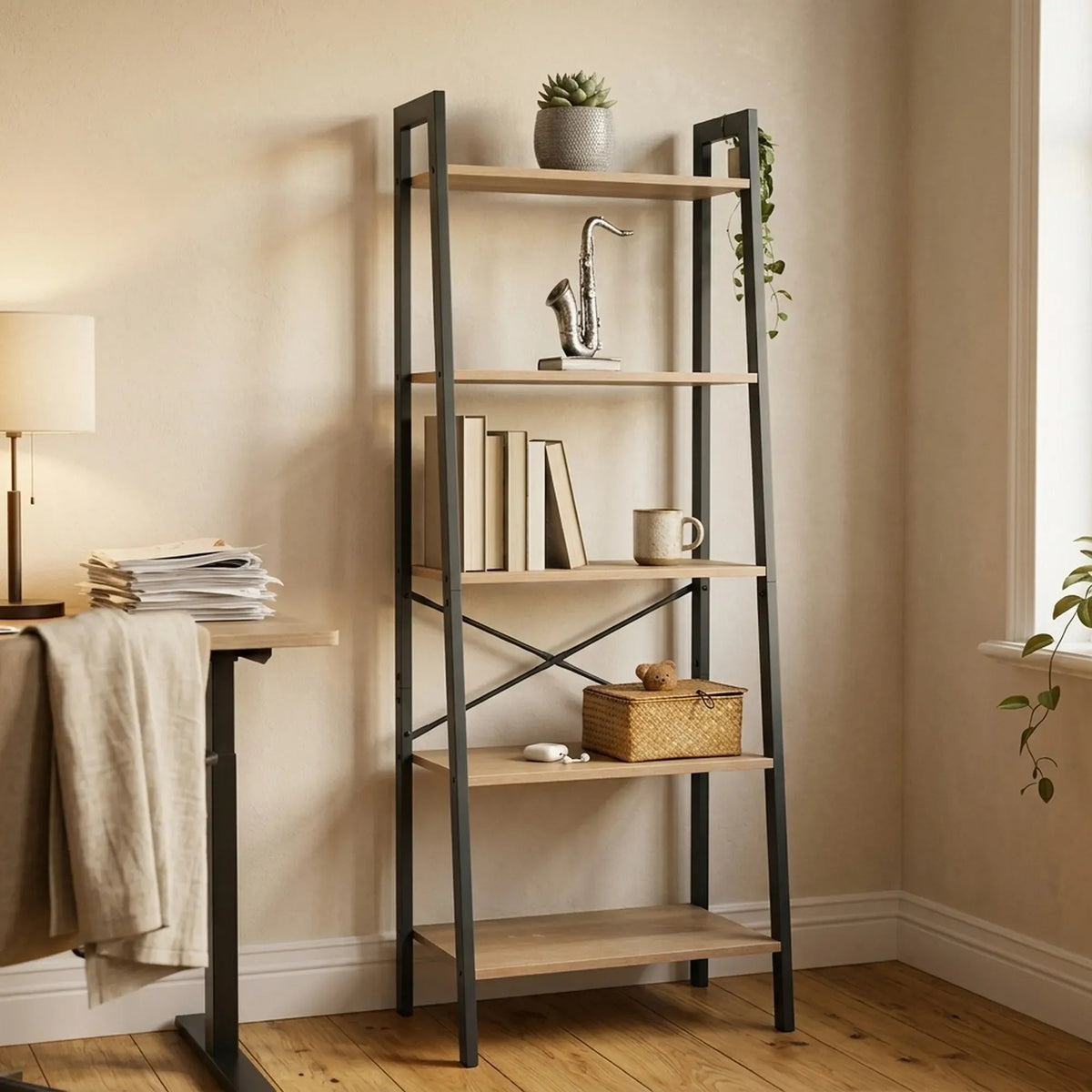 5 Tier Ladder Shelf Wood and Steel Display Bookcase - Brown Rustic - Furniture > Living Room > Bookcases & Shelves - Rivercity House & Home Co. (ABN 18 642 972 209) - Affordable Modern Furniture Australia