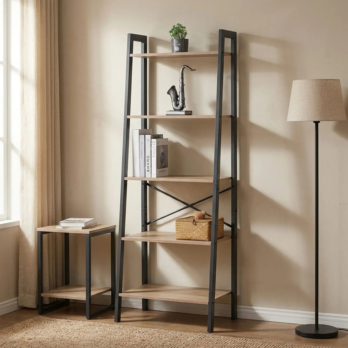 5 Tier Ladder Shelf Wood and Steel Display Bookcase - Brown Rustic - Furniture > Living Room > Bookcases & Shelves - Rivercity House & Home Co. (ABN 18 642 972 209) - Affordable Modern Furniture Australia