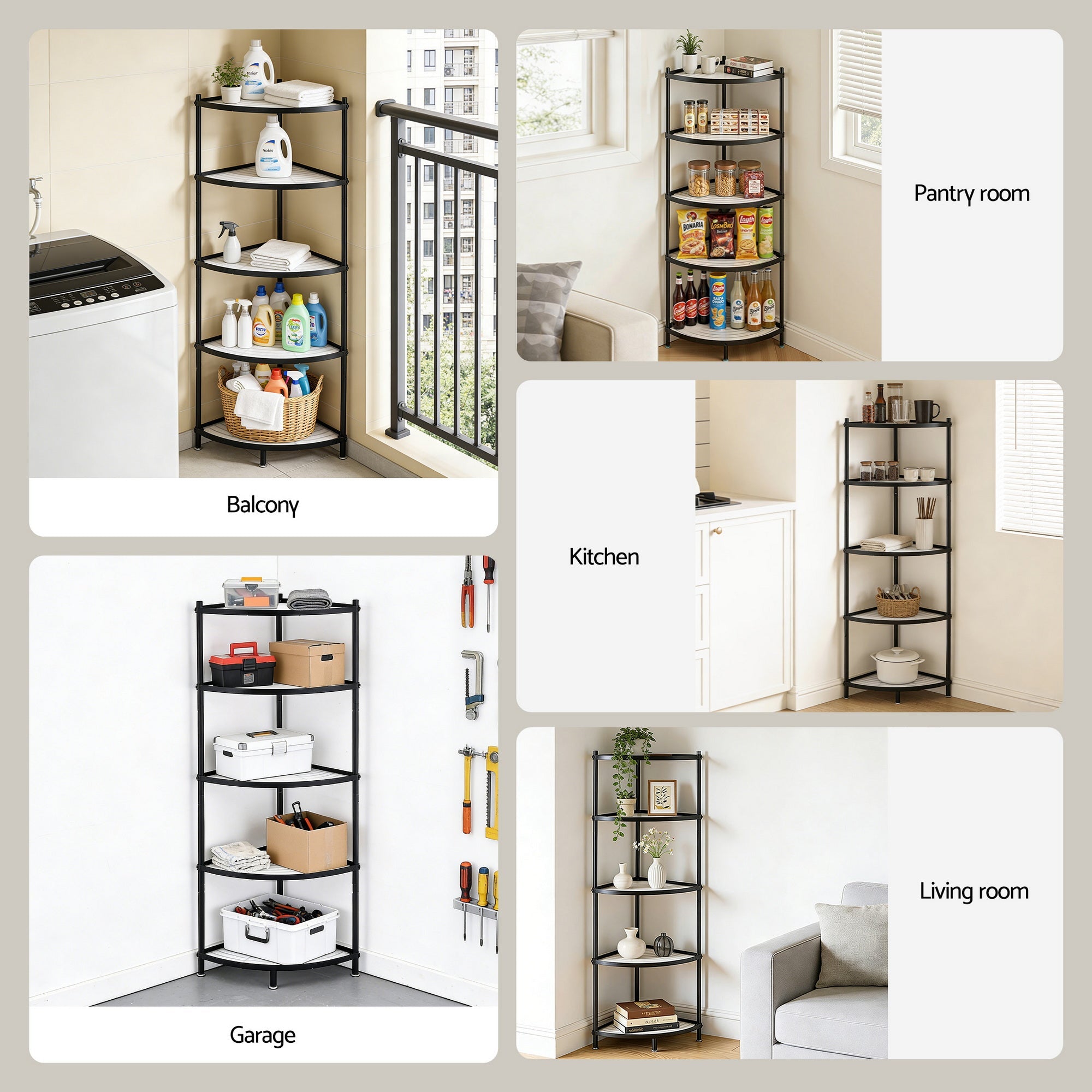 5 - Tier Metal Kitchen Corner Shelf Rack Stand Storage Shelves - Black - Appliances > Kitchen Appliances > Kitchen Appliance Accessories - Rivercity House & Home Co. (ABN 18 642 972 209) - Affordable Modern Furniture Australia
