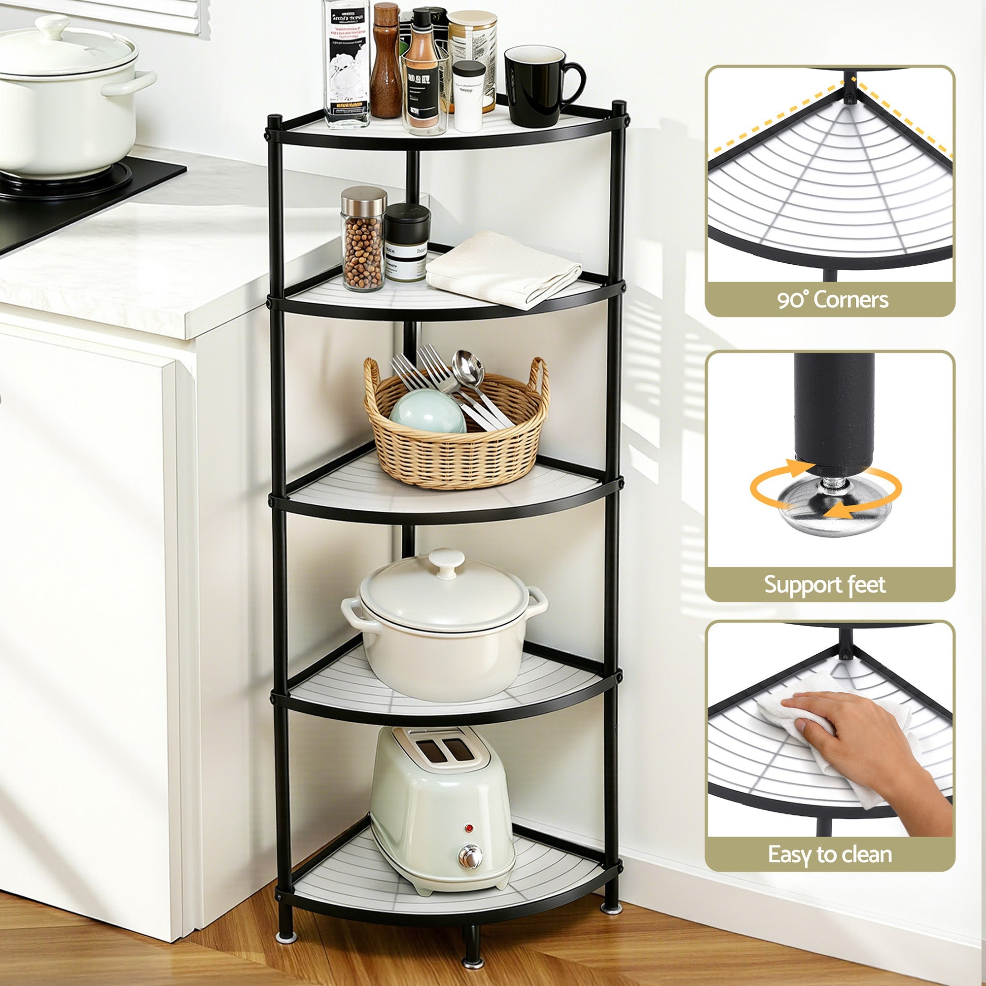5 - Tier Metal Kitchen Corner Shelf Rack Stand Storage Shelves - Black - Appliances > Kitchen Appliances > Kitchen Appliance Accessories - Rivercity House & Home Co. (ABN 18 642 972 209) - Affordable Modern Furniture Australia