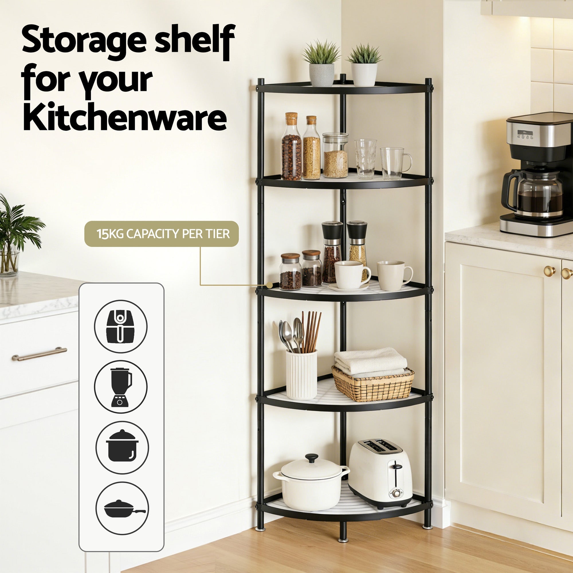 5 - Tier Metal Kitchen Corner Shelf Rack Stand Storage Shelves - Black - Appliances > Kitchen Appliances > Kitchen Appliance Accessories - Rivercity House & Home Co. (ABN 18 642 972 209) - Affordable Modern Furniture Australia