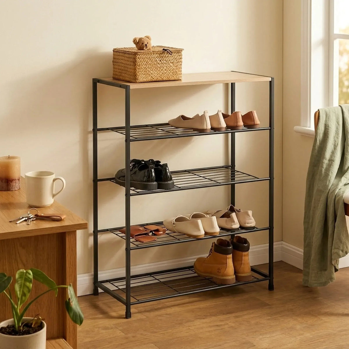 5 Tier Metal Mesh Shoe Rack with MDF Top Shelf - Rustic Brown - Furniture > Living Room > Shoe Storage - Rivercity House & Home Co. (ABN 18 642 972 209) - Affordable Modern Furniture Australia