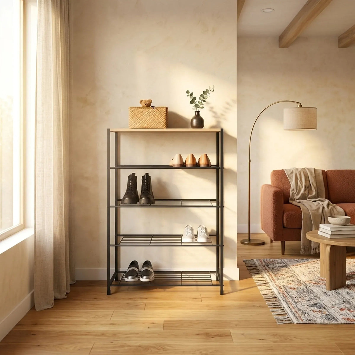 5 Tier Metal Mesh Shoe Rack with MDF Top Shelf - Rustic Brown - Furniture > Living Room > Shoe Storage - Rivercity House & Home Co. (ABN 18 642 972 209) - Affordable Modern Furniture Australia