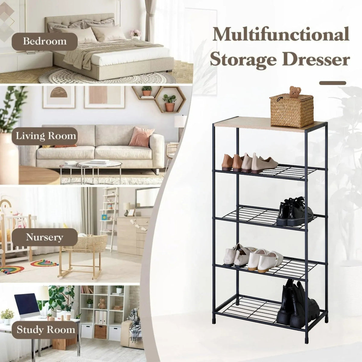 5 Tier Metal Mesh Shoe Rack with MDF Top Shelf - Rustic Brown - Furniture > Living Room > Shoe Storage - Rivercity House & Home Co. (ABN 18 642 972 209) - Affordable Modern Furniture Australia