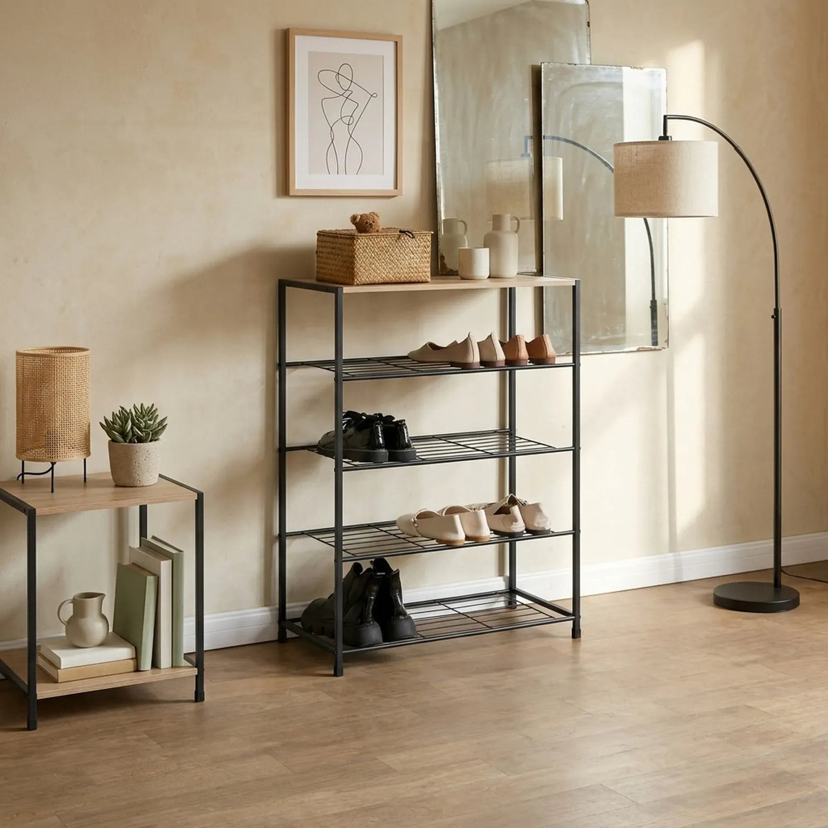 5 Tier Metal Mesh Shoe Rack with MDF Top Shelf - Rustic Brown - Furniture > Living Room > Shoe Storage - Rivercity House & Home Co. (ABN 18 642 972 209) - Affordable Modern Furniture Australia