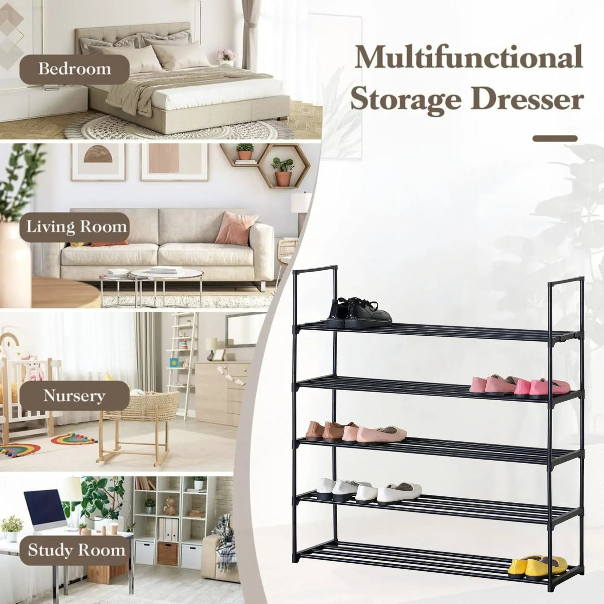 5 Tier Metal Shoe Rack Free Standing Organiser Basic Steel - Black - Furniture > Living Room > Shoe Storage - Rivercity House & Home Co. (ABN 18 642 972 209) - Affordable Modern Furniture Australia
