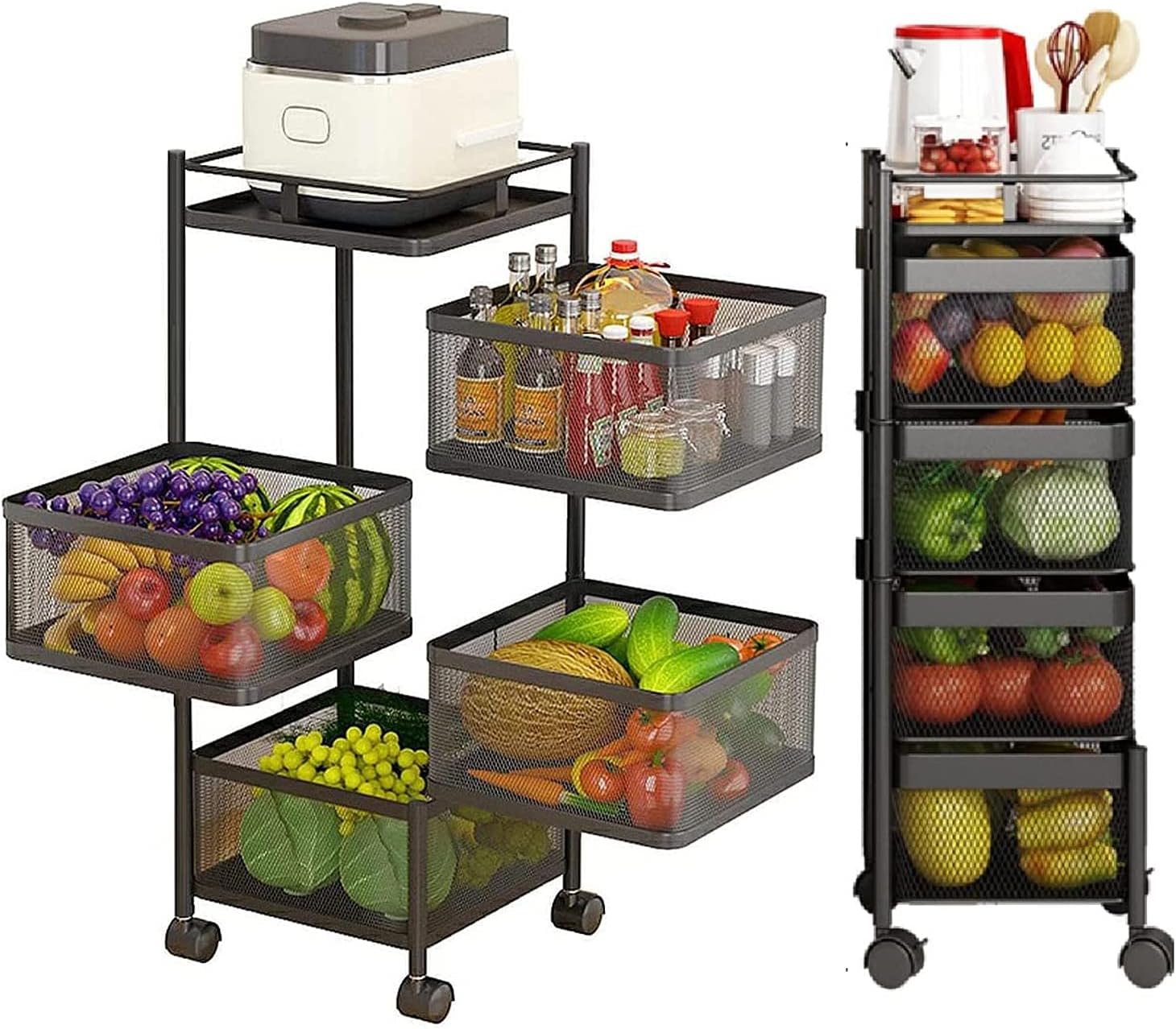 5 - Tier Rolling Metal Vegetable and Fruit Basket Cart Stand for Kitchen & Storage - Black - Home & Garden > Kitchenware > Food Storage - Rivercity House & Home Co. (ABN 18 642 972 209) - Affordable Modern Furniture Australia