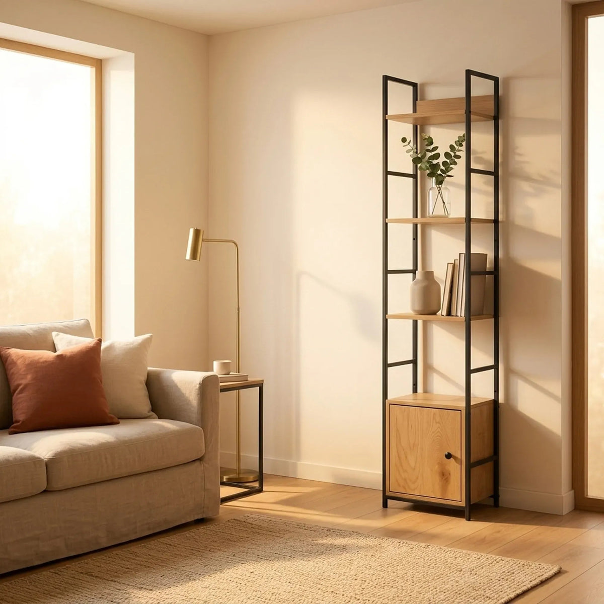 5 Tier Rustic Steel and MDF Bookshelf with Cabinet - Brown - Furniture > Living Room > Bookcases & Shelves - Rivercity House & Home Co. (ABN 18 642 972 209) - Affordable Modern Furniture Australia