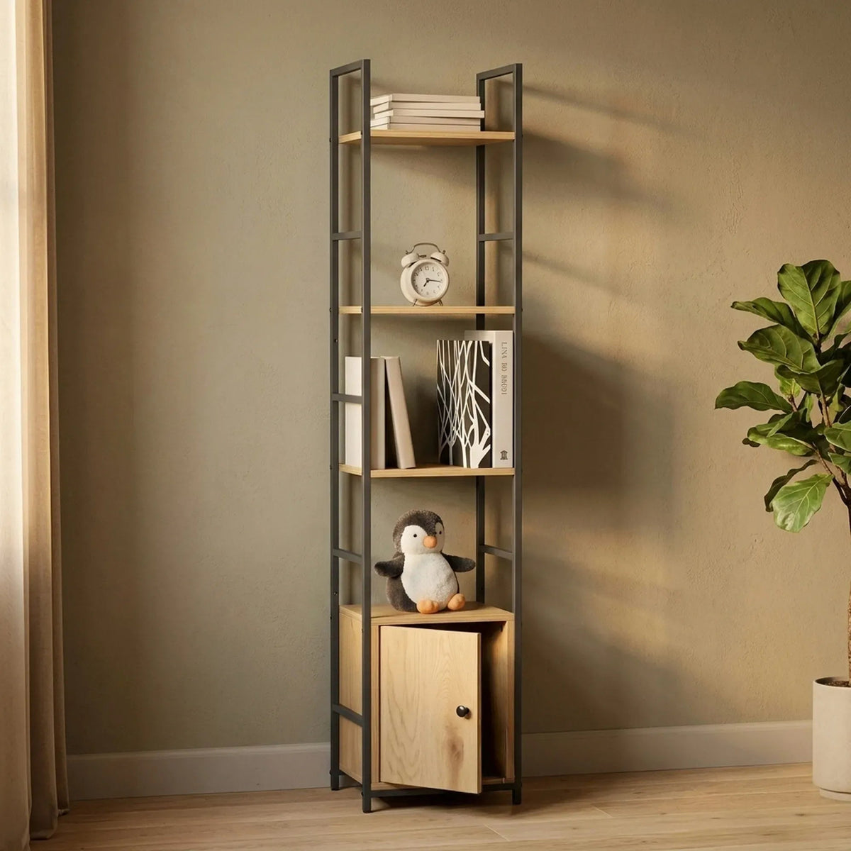 5 Tier Rustic Steel and MDF Bookshelf with Cabinet - Brown - Furniture > Living Room > Bookcases & Shelves - Rivercity House & Home Co. (ABN 18 642 972 209) - Affordable Modern Furniture Australia