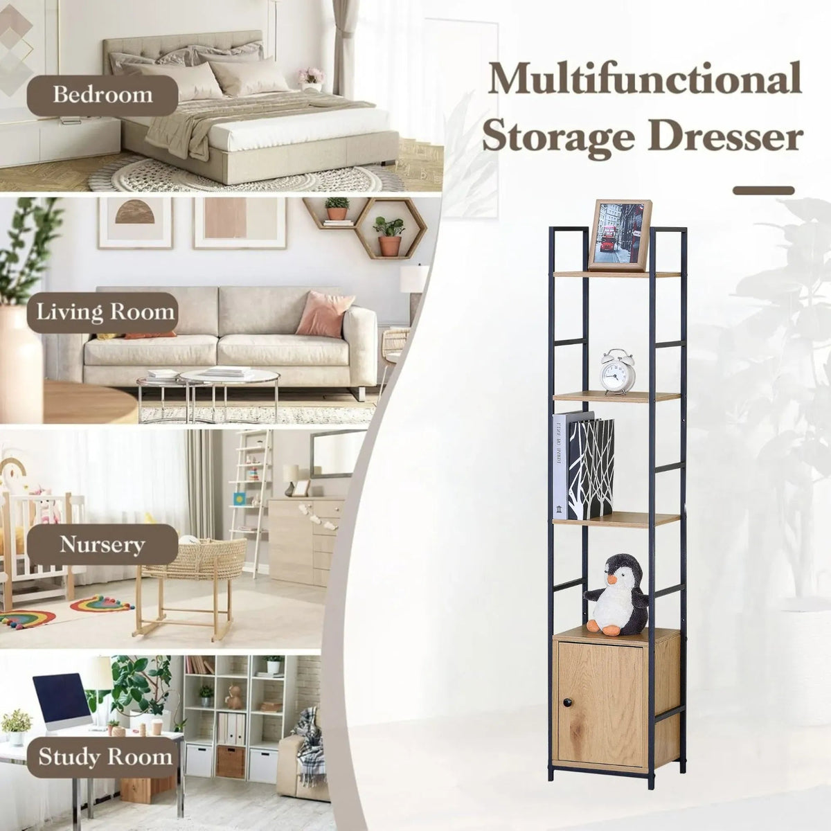 5 Tier Rustic Steel and MDF Bookshelf with Cabinet - Brown - Furniture > Living Room > Bookcases & Shelves - Rivercity House & Home Co. (ABN 18 642 972 209) - Affordable Modern Furniture Australia