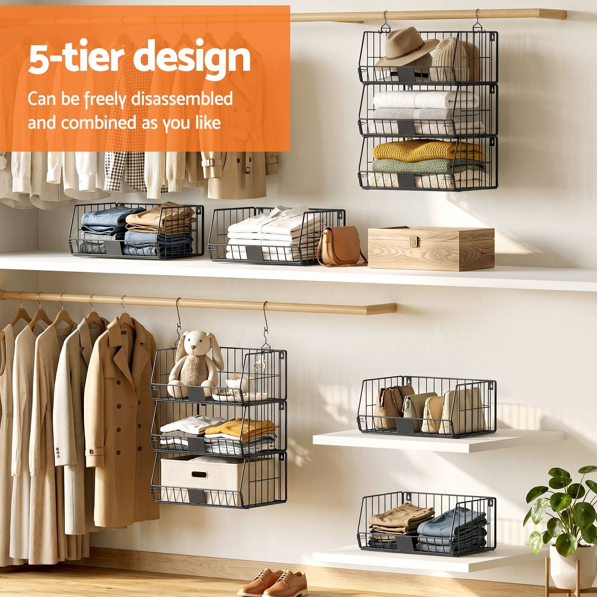 5 Tier Stackable Closet Organizers and Storage Closet Hanging Storage Organizer Shelves - Home & Garden > Storage > Clothing & Wardrobe Storage - Rivercity House & Home Co. (ABN 18 642 972 209) - Affordable Modern Furniture Australia