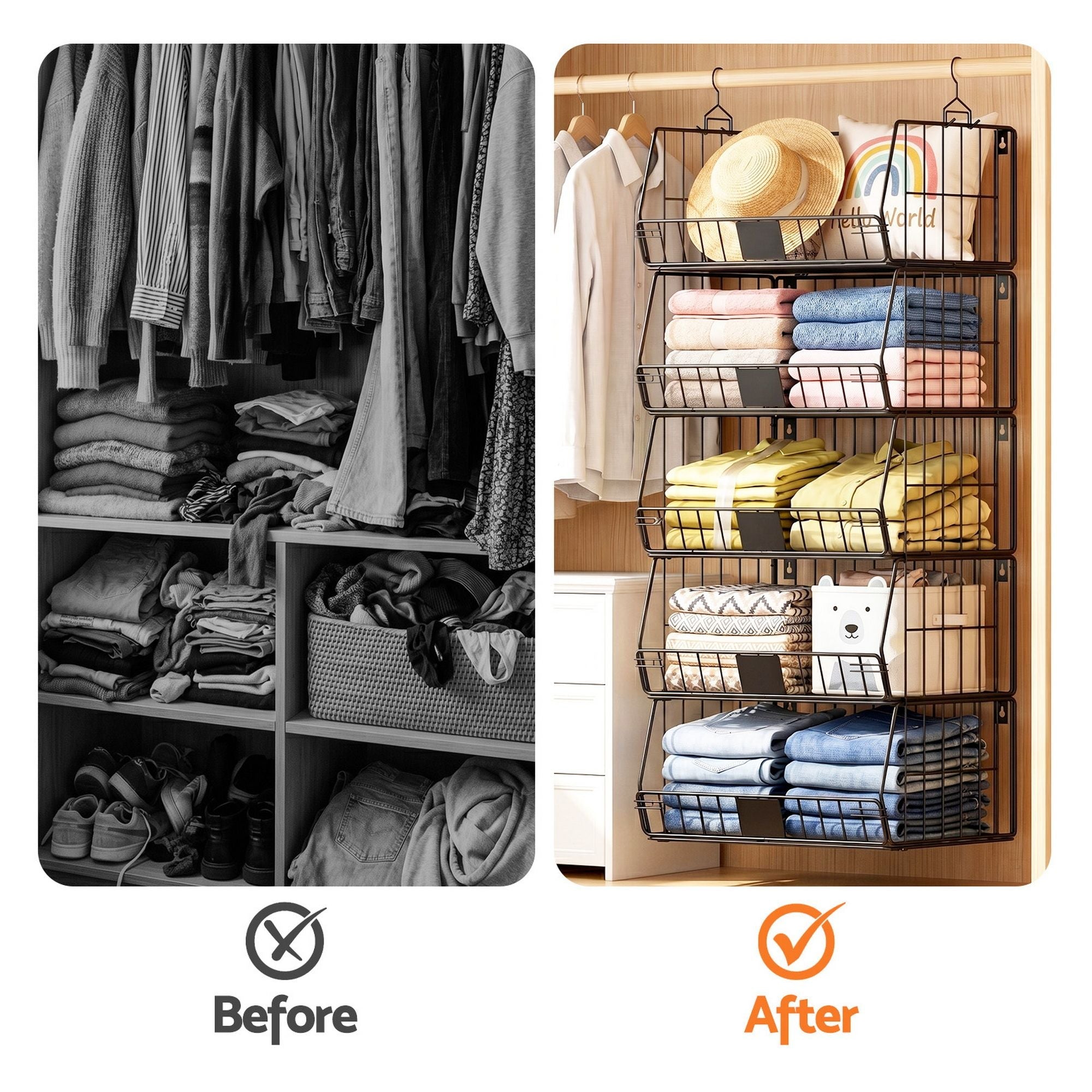 5 Tier Stackable Closet Organizers and Storage Closet Hanging Storage Organizer Shelves - Home & Garden > Storage > Clothing & Wardrobe Storage - Rivercity House & Home Co. (ABN 18 642 972 209) - Affordable Modern Furniture Australia