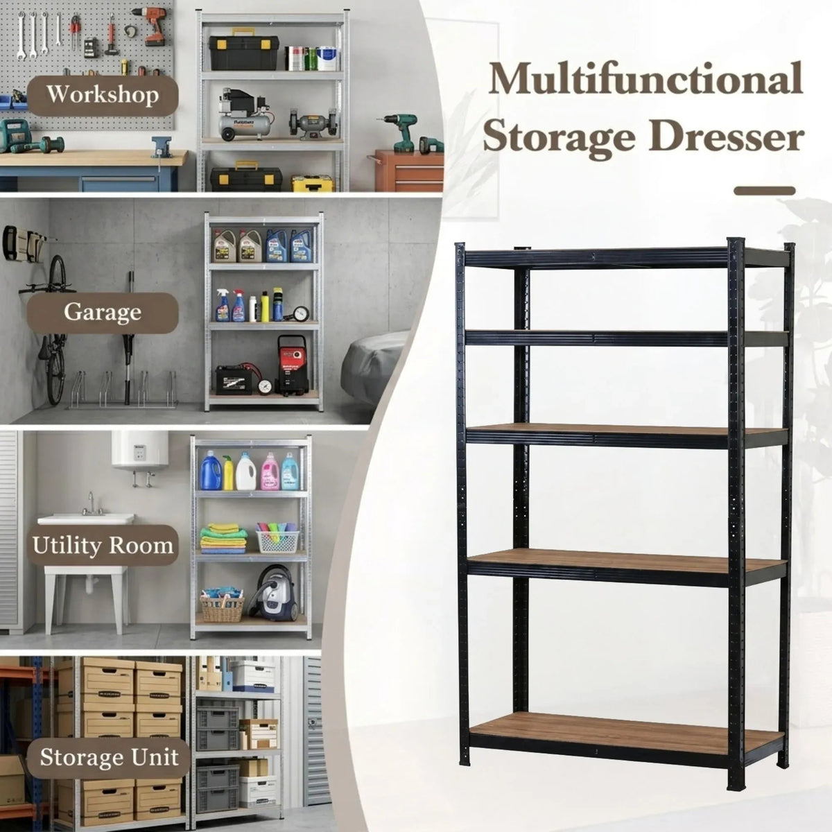 5 Tier Steel Shelving Unit Garage Storage Shelf 180cm - Black - Tools > Tools Storage > Wall Storage Racks - Rivercity House & Home Co. (ABN 18 642 972 209) - Affordable Modern Furniture Australia