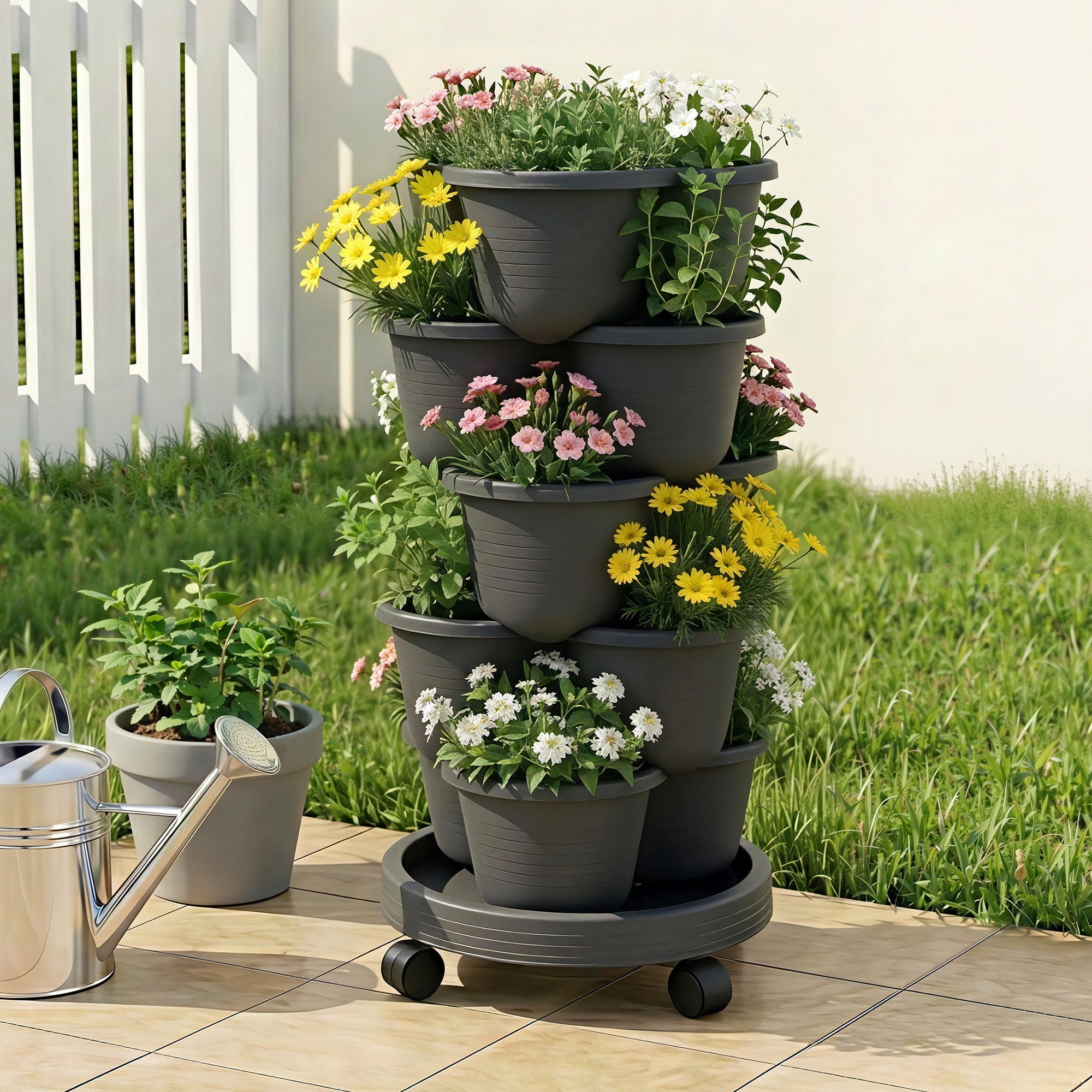 5 Tier Vertical Garden Planter, Stackable Planters with 4 Wheels, Black, Raised Garden Bed, Garden Tower Indoor Outdoor, Auto Drainage System, for Strawberries, Herbs, Flower, Vegetables - Home & Garden > Garden Beds > Garden Beds & Planters - Rivercity House & Home Co. (ABN 18 642 972 209) - Affordable Modern Furniture Australia
