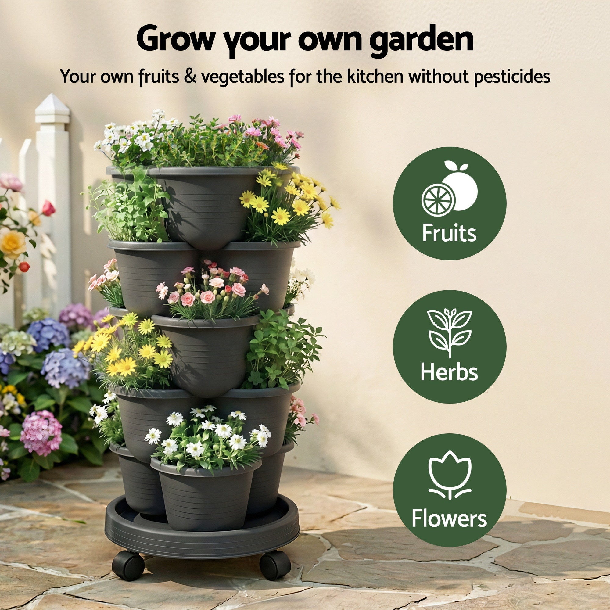 5 Tier Vertical Garden Planter, Stackable Planters with 4 Wheels, Black, Raised Garden Bed, Garden Tower Indoor Outdoor, Auto Drainage System, for Strawberries, Herbs, Flower, Vegetables - Home & Garden > Garden Beds > Garden Beds & Planters - Rivercity House & Home Co. (ABN 18 642 972 209) - Affordable Modern Furniture Australia