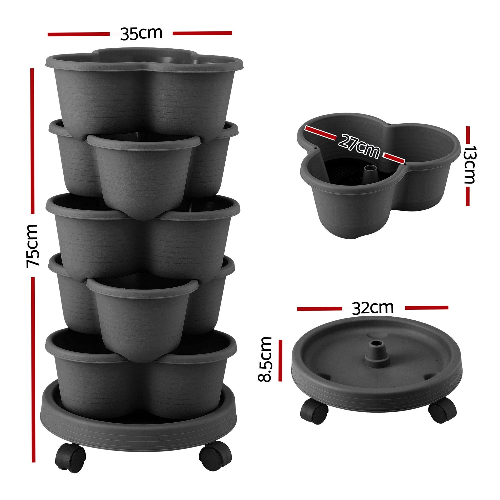 5 Tier Vertical Garden Planter, Stackable Planters with 4 Wheels, Black, Raised Garden Bed, Garden Tower Indoor Outdoor, Auto Drainage System, for Strawberries, Herbs, Flower, Vegetables - Home & Garden > Garden Beds > Garden Beds & Planters - Rivercity House & Home Co. (ABN 18 642 972 209) - Affordable Modern Furniture Australia