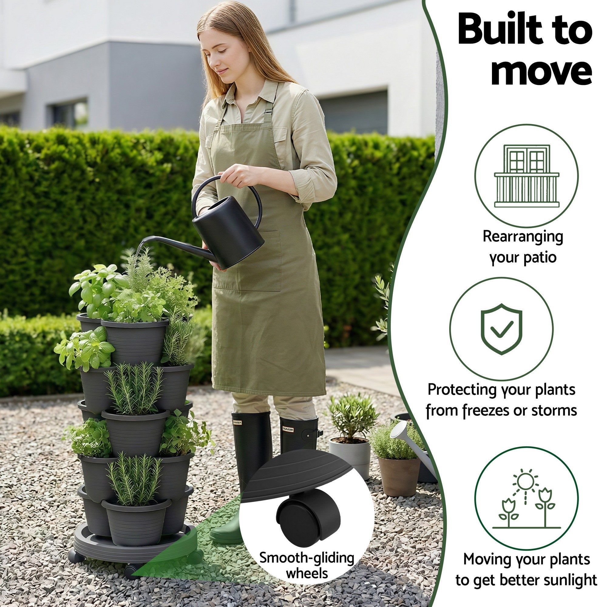 5 Tier Vertical Garden Planter, Stackable Planters with 4 Wheels, Black, Raised Garden Bed, Garden Tower Indoor Outdoor, Auto Drainage System, for Strawberries, Herbs, Flower, Vegetables - Home & Garden > Garden Beds > Garden Beds & Planters - Rivercity House & Home Co. (ABN 18 642 972 209) - Affordable Modern Furniture Australia