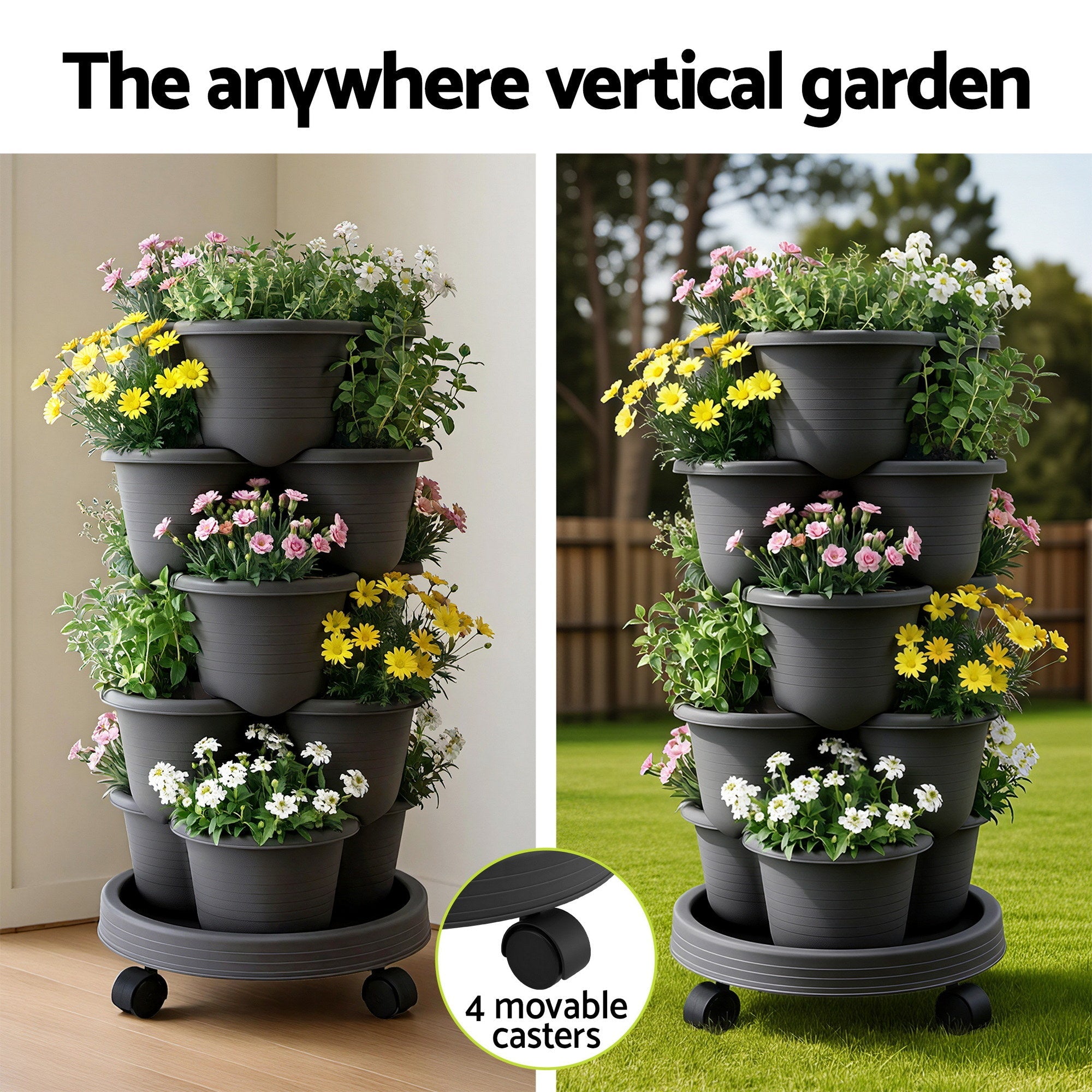5 Tier Vertical Garden Planter, Stackable Planters with 4 Wheels, Black, Raised Garden Bed, Garden Tower Indoor Outdoor, Auto Drainage System, for Strawberries, Herbs, Flower, Vegetables - Home & Garden > Garden Beds > Garden Beds & Planters - Rivercity House & Home Co. (ABN 18 642 972 209) - Affordable Modern Furniture Australia