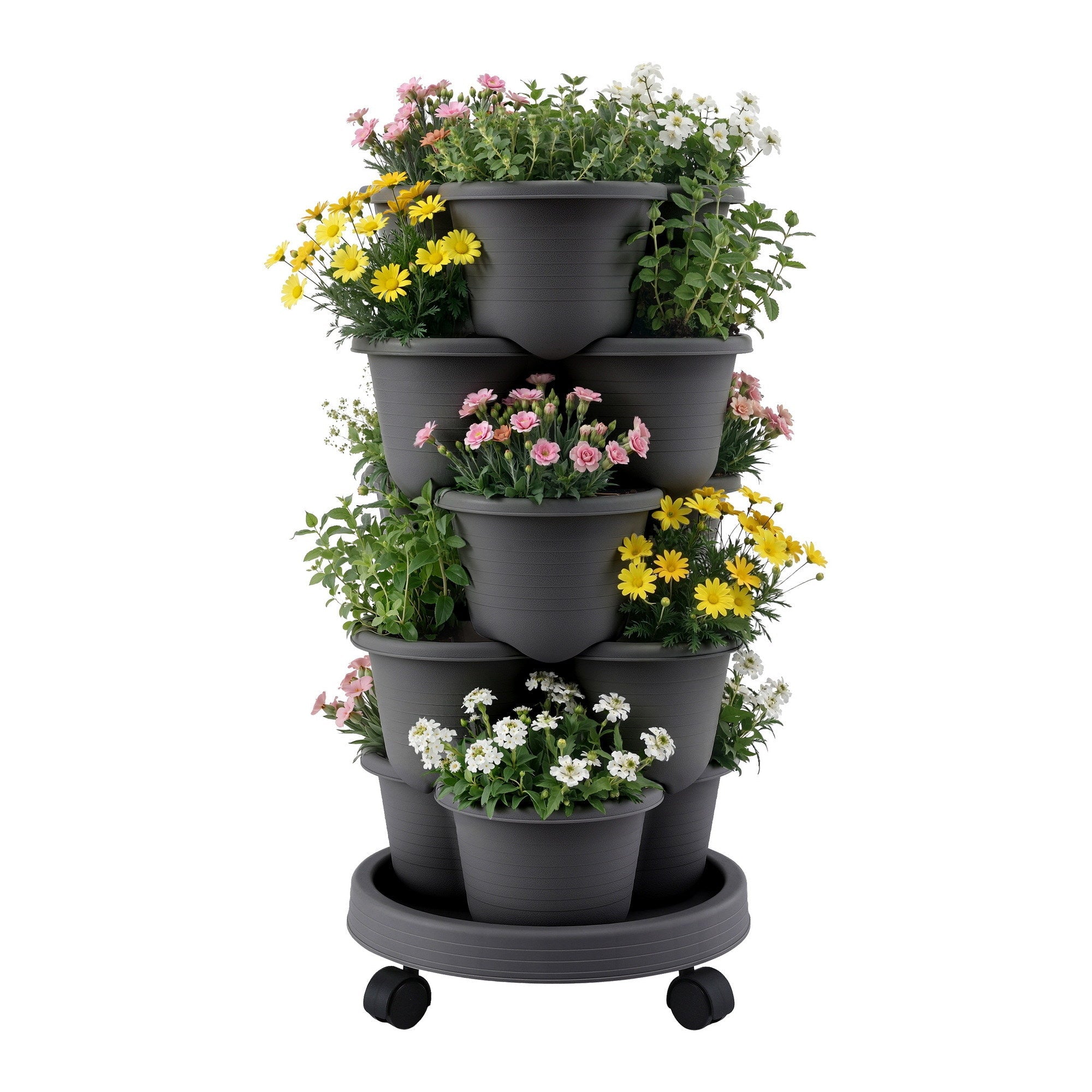 5 Tier Vertical Garden Planter, Stackable Planters with 4 Wheels, Black, Raised Garden Bed, Garden Tower Indoor Outdoor, Auto Drainage System, for Strawberries, Herbs, Flower, Vegetables - Home & Garden > Garden Beds > Garden Beds & Planters - Rivercity House & Home Co. (ABN 18 642 972 209) - Affordable Modern Furniture Australia