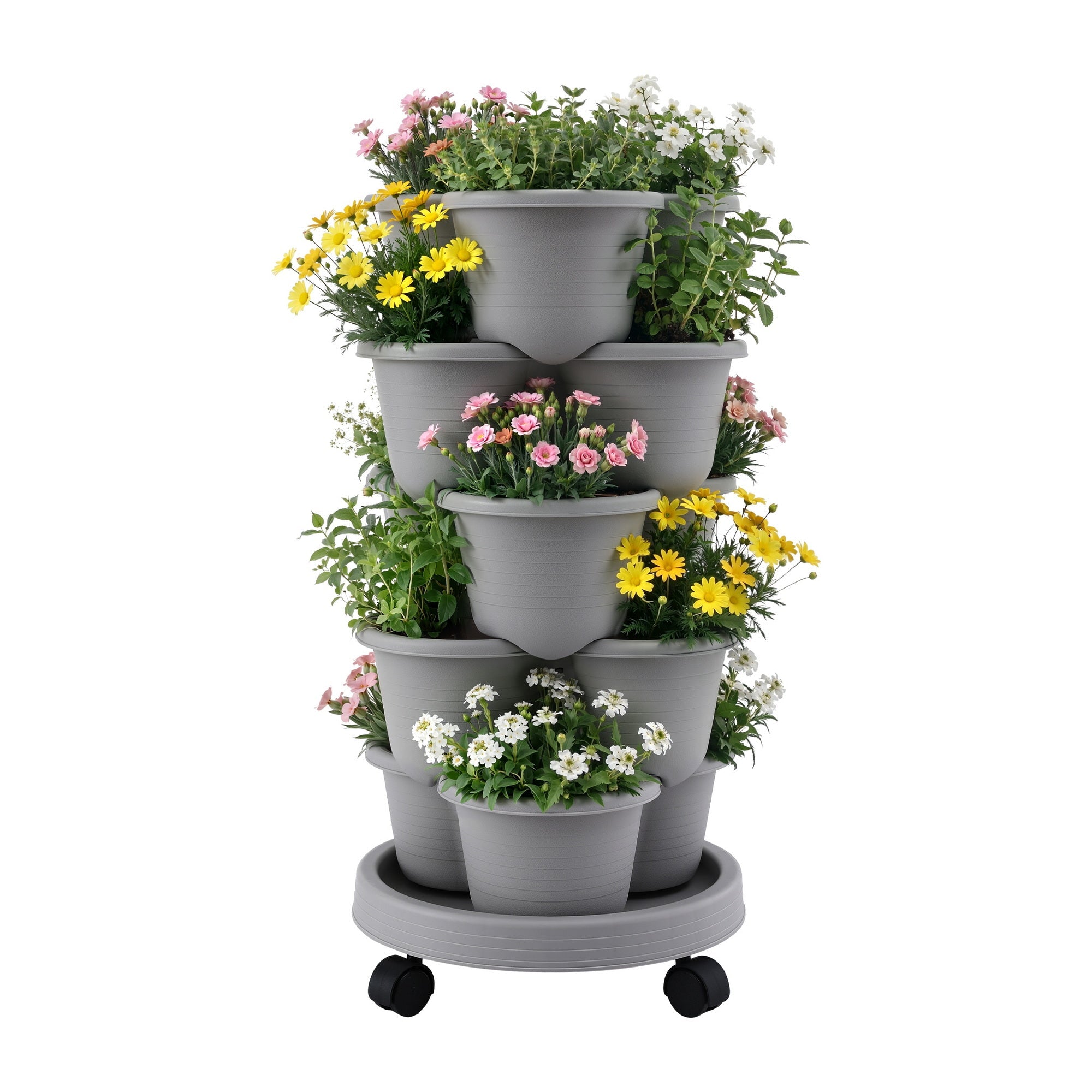 5 Tier Vertical Garden Planter, Stackable Planters with 4 Wheels, Grey, Raised Garden Bed, Garden Tower Indoor Outdoor, Auto Drainage System, for Strawberries, Herbs, Flower, Vegetables - Home & Garden > Artificial Plants > Pots, Planters & Accessories - Rivercity House & Home Co. (ABN 18 642 972 209) - Affordable Modern Furniture Australia